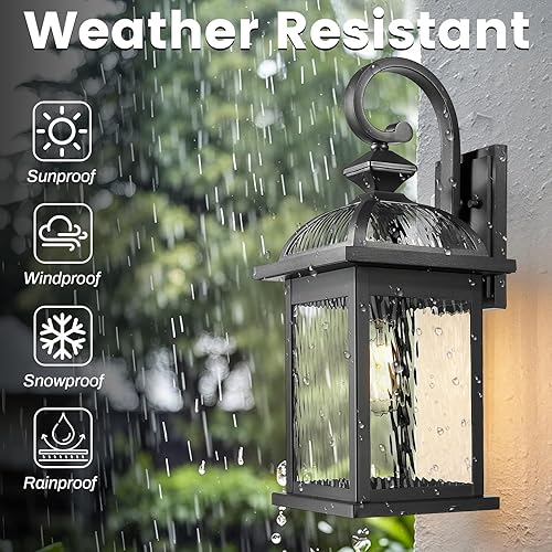 Miniatura 4 de Luces de porche para exteriores, montaje en pared, lámparas de pared negras mate para exteriores con vidrio ondulado de agua de 15 pulgadas,