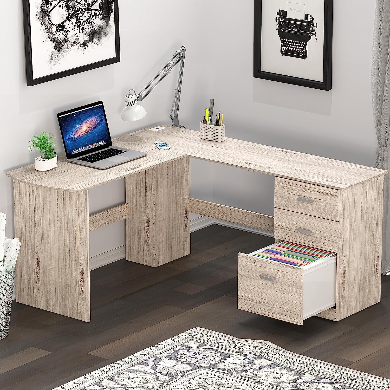 ୨୧ 木製ドレッサー&デスク ୨୧ Furnilife L-Shaped Home Office Wood Corner Desk with 3 Drawers