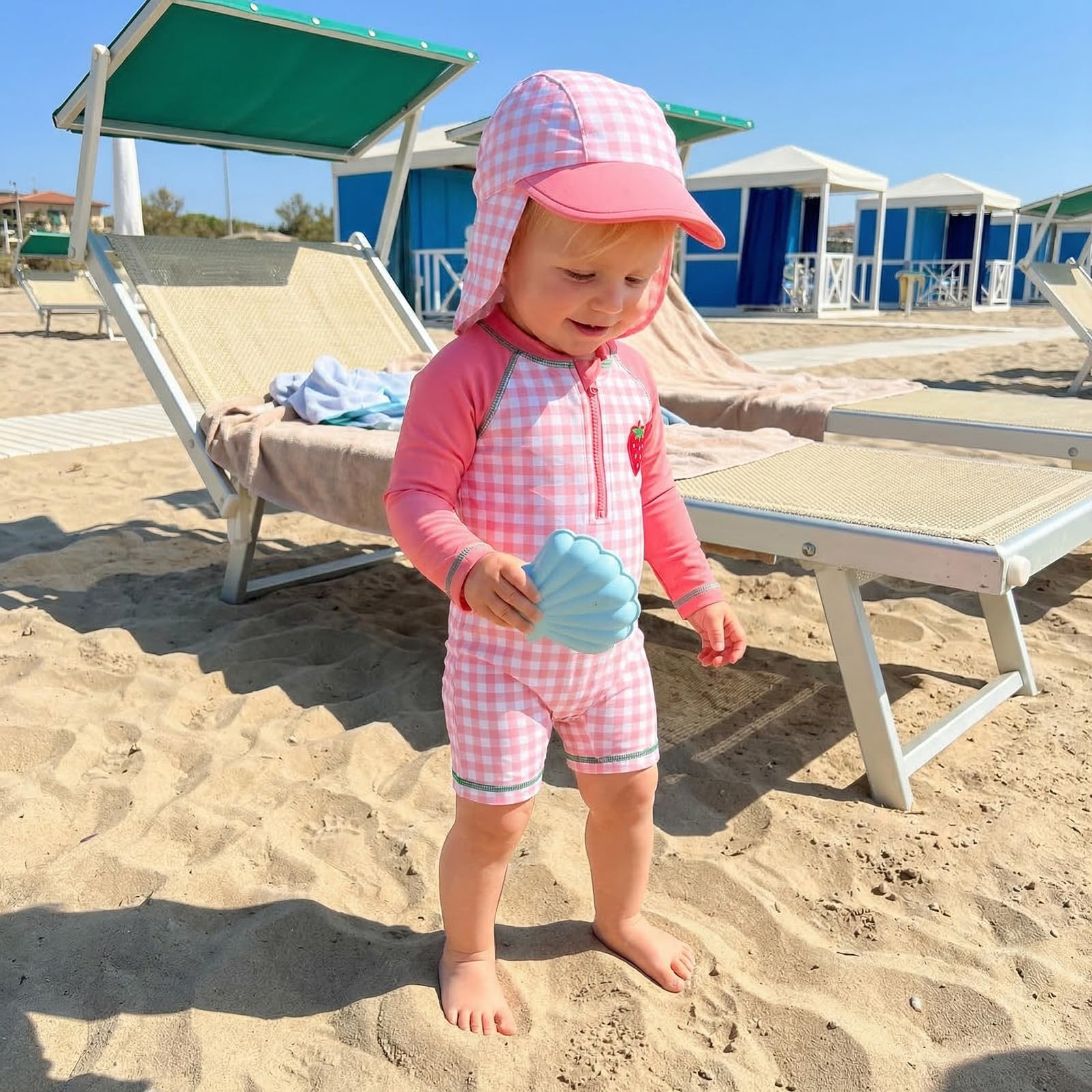 Baby Badeanzug Mädchen UV Schutz Badebekleidung mit Hut Kleinkind Karierte UV Schutz Schwimmanzug Erdbeere Druck Reißverschluss Schwimmkleidung