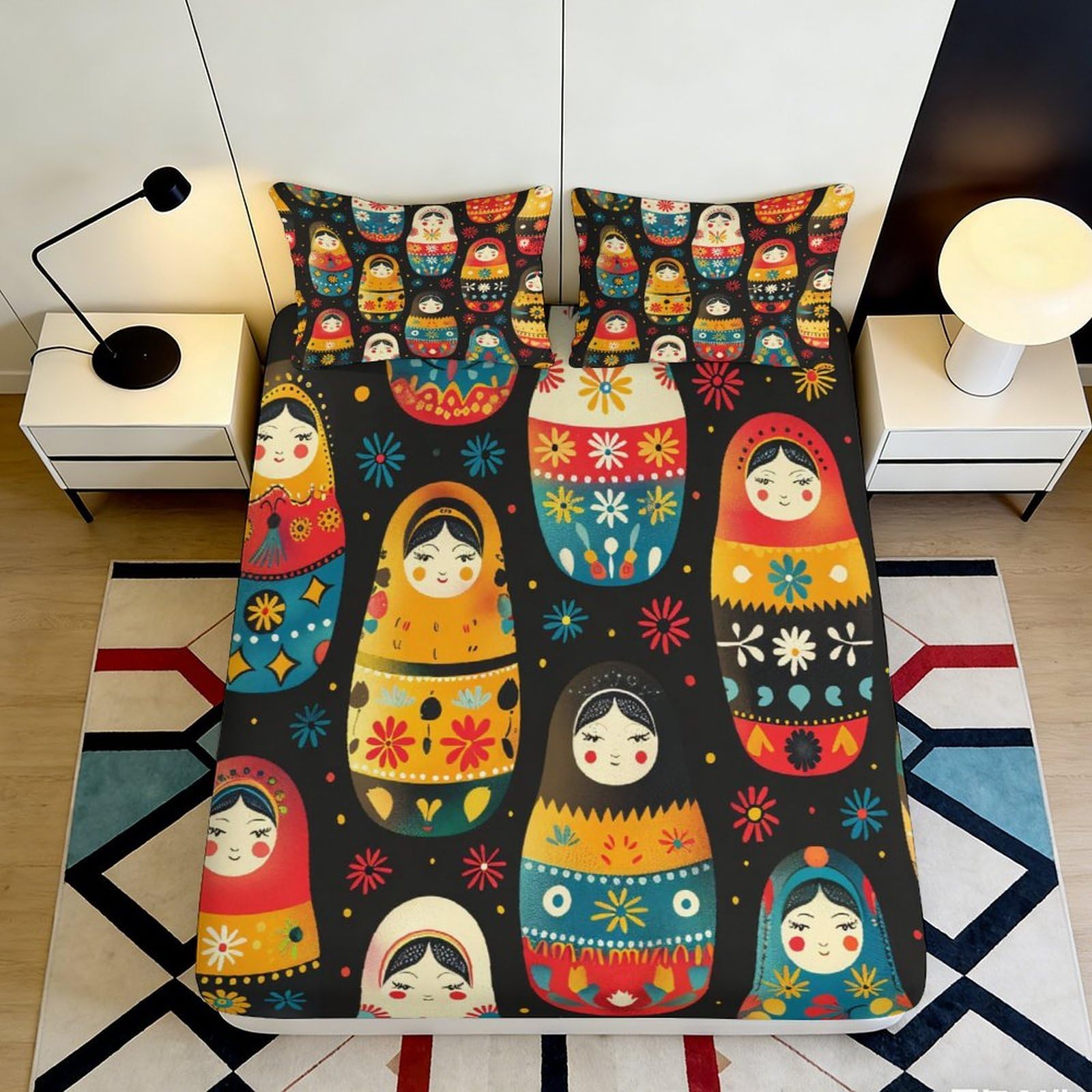 3D Printed Matryoshka Doll Fitted Sheet Microfiber Russian Nesting Bed Cover Colourful Pattern Bedroom Decor 90x200x25cm