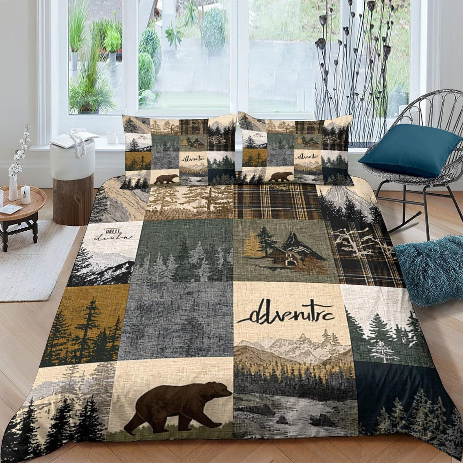 TUFRTGYHN 3D Printed Forest Bear Duvet Cover Microfiber Soft Woodland Mountain Bedding Set with 2 Pillowcases for Bedroom Decor Single（135x200cm）
