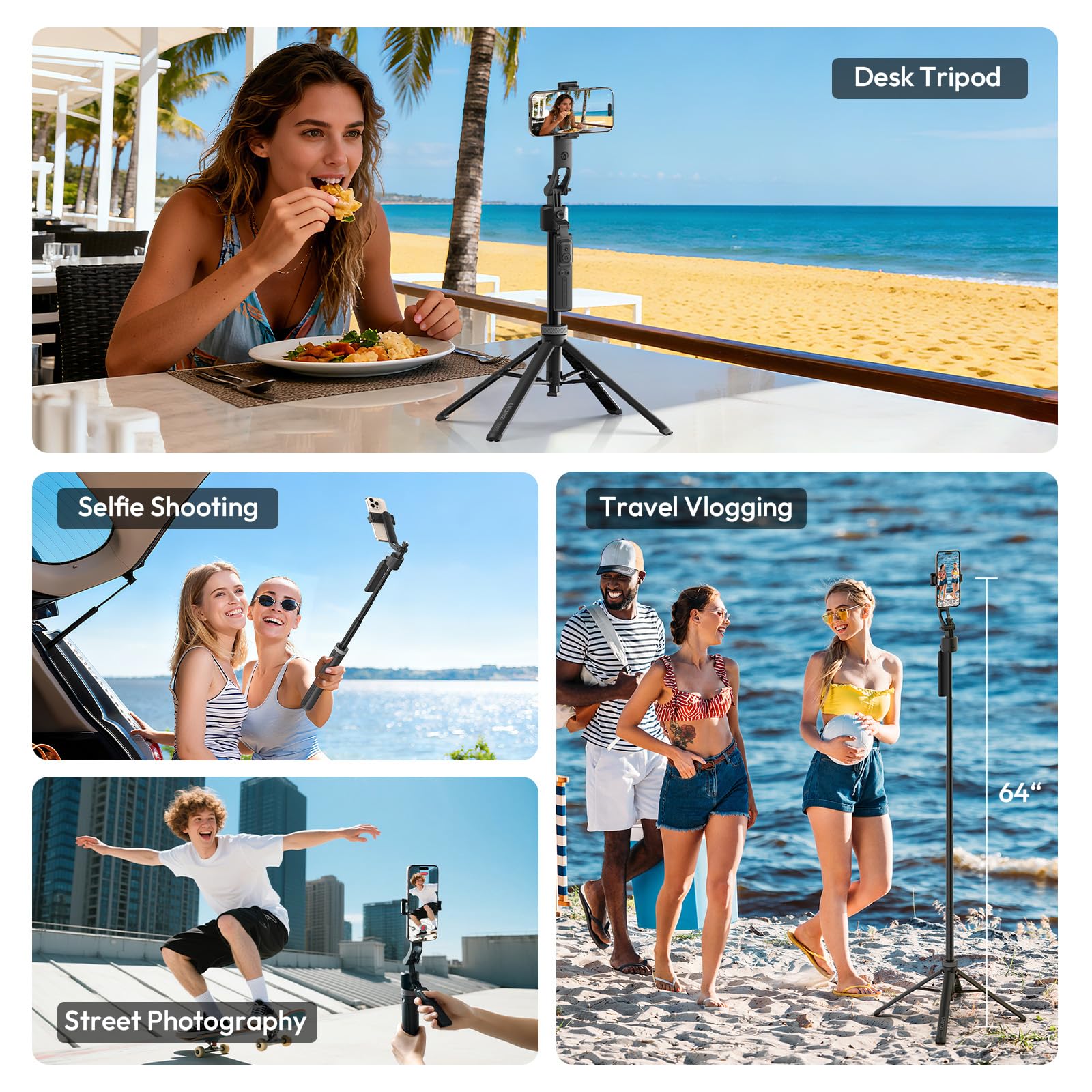 ULANZI TT23 165 cm Bastone selfie a tracciamento automatico del volto, Cavalletto per smartphone con base a 4 piedi, Rotazione 360°, Telecomando wireless, Compatibile con iOS, Android, Action Cam