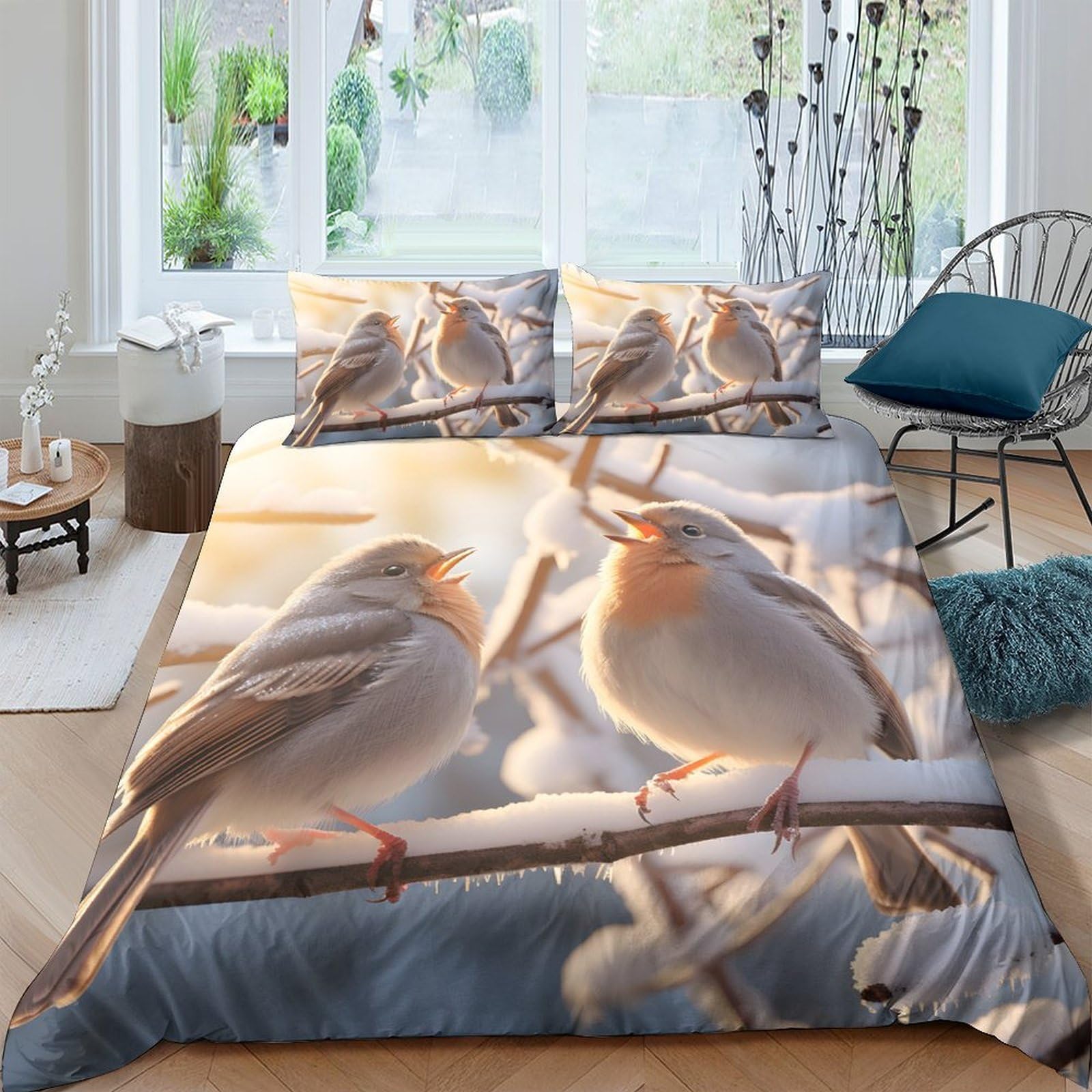 P5V6M1Q9 3D Printed Birds on Branch Duvet Cover Microfiber Soft Breathable Songbird Quilt Cover Set with 2 Pillowcases Bedroom Decor Single（135x200cm）