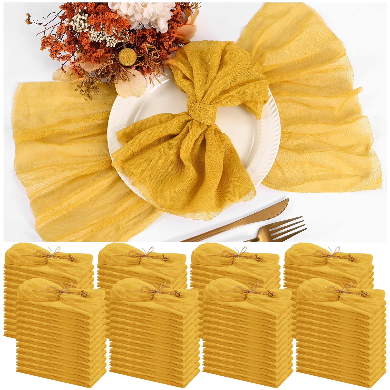Photo 1 of 100 Pieces Cloth Napkins Gold Dinner Cheesecloth Napkins for Wedding,Wrinkled Cloth Napkins Bulk for Home Party Rustic Table Decoration, 17 x 17 Inch