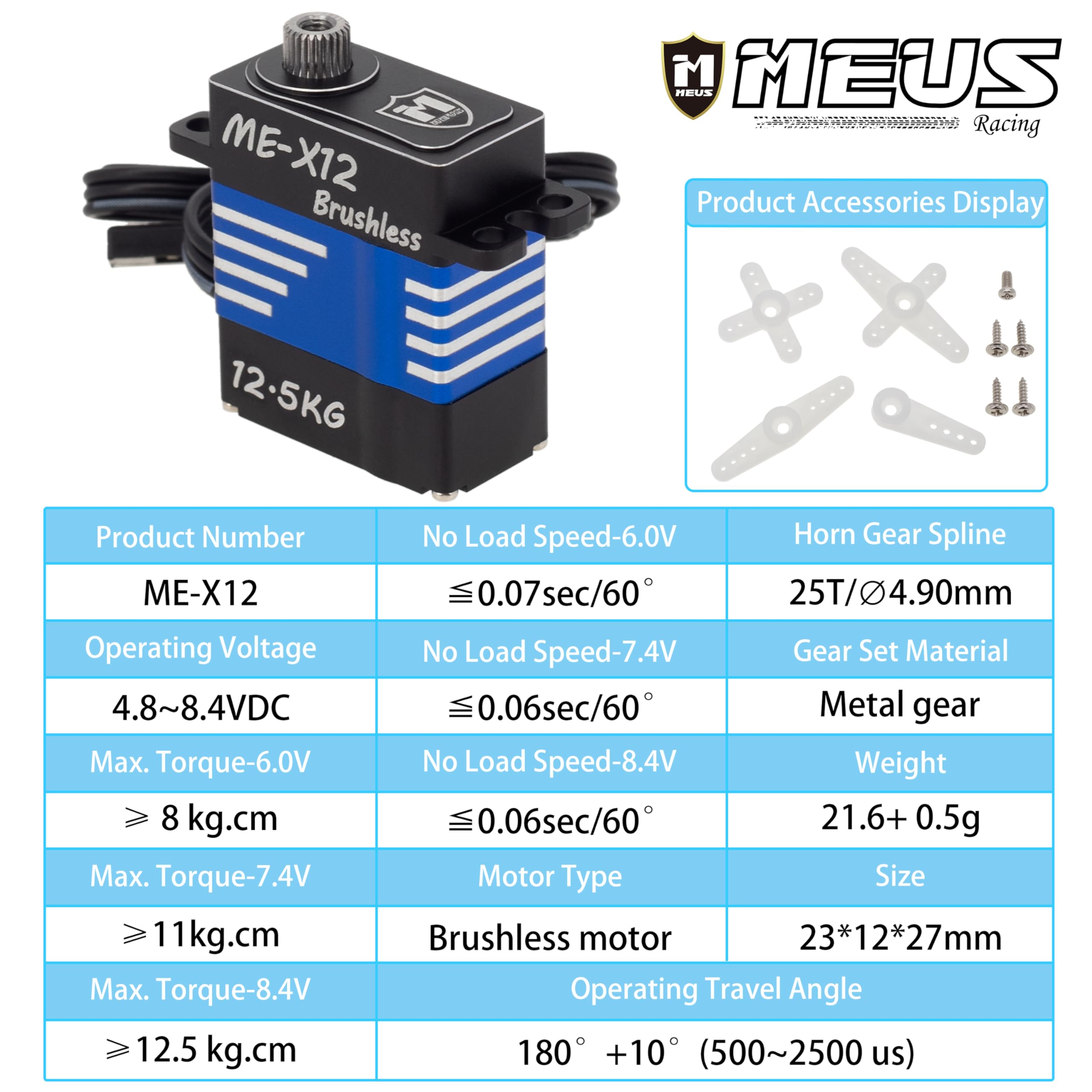 MEUS Racing Coreless RC Micro Servo con coppia elevata 6-8.4V per SCX24 TRX4M 1/24 1/18 RC Crawler Auto giocattolo Veicoli e accessori (V1, 12,5 kg)