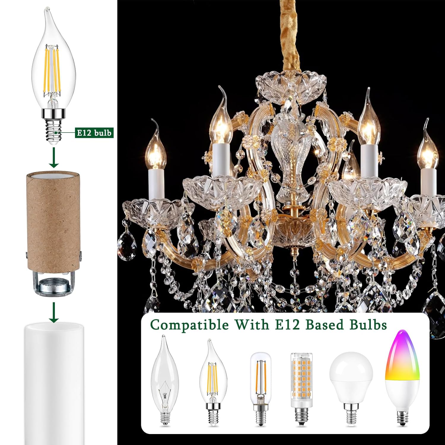 E12 Ceramic Candelabra Socket,E12 Light Bulb Socket with Pipe Fixing Bracket,Candelabra Base Bulb Lamp Holder with White Candle Cover Sleeves