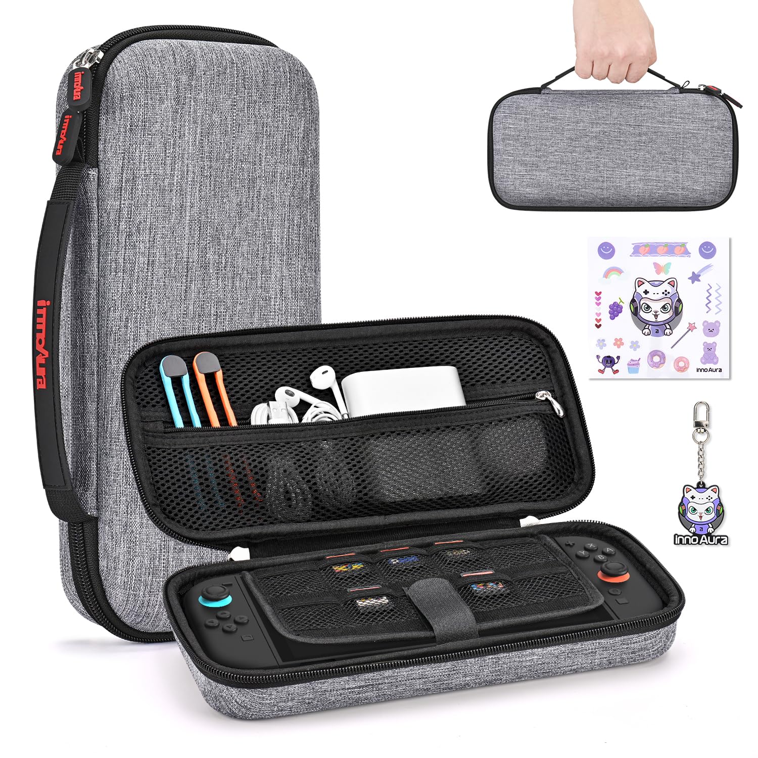innoAura Switch 2 Carrying Case for NS Switch 2 (2025), with 9 Game Card Slots, Protective Travel Storage Case, Cute Pendant and Sticker, Gray