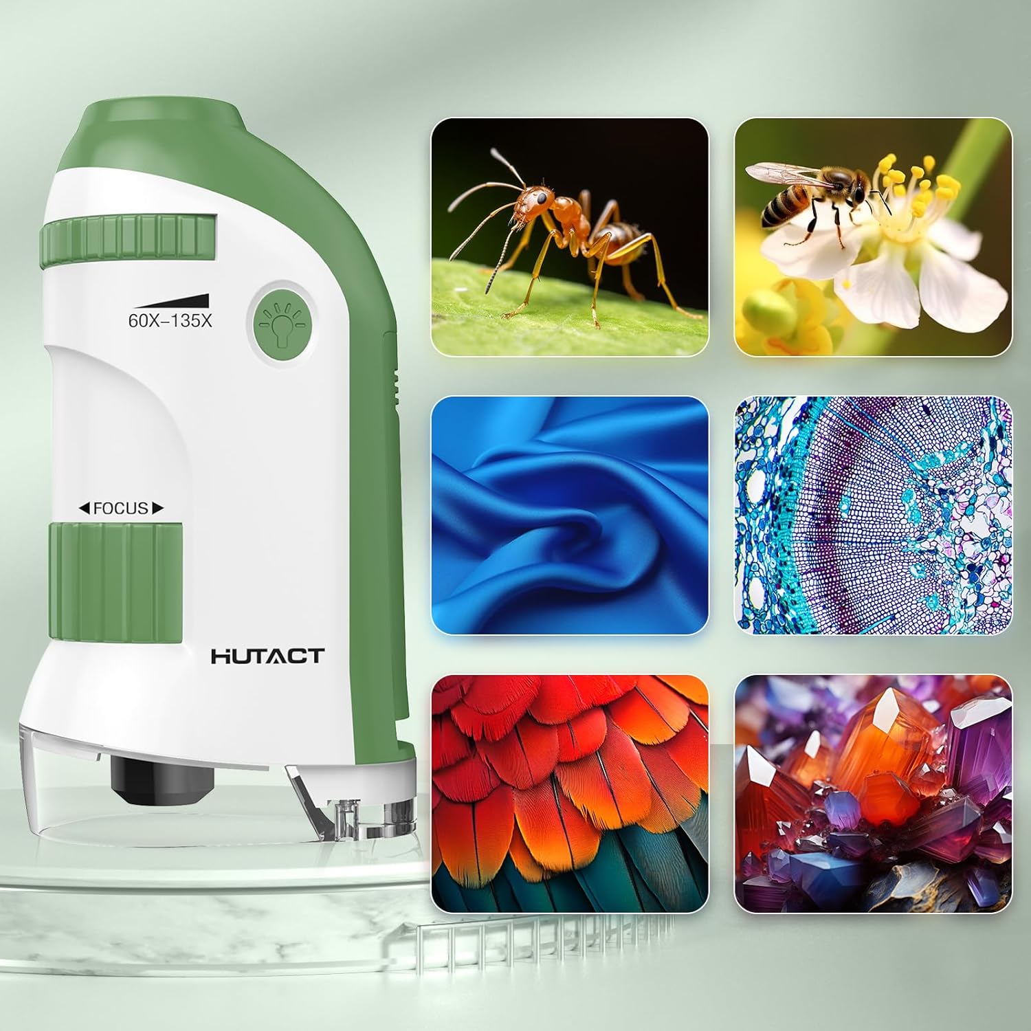 Pocket Microscope for Kids Portable Miniscope: 60-135X Mini Microscope with 5 Prepared Slides - Science Education and Nature Exploration Gifts for Boys Girls 6 7 8 9 10 11 12 (Green)