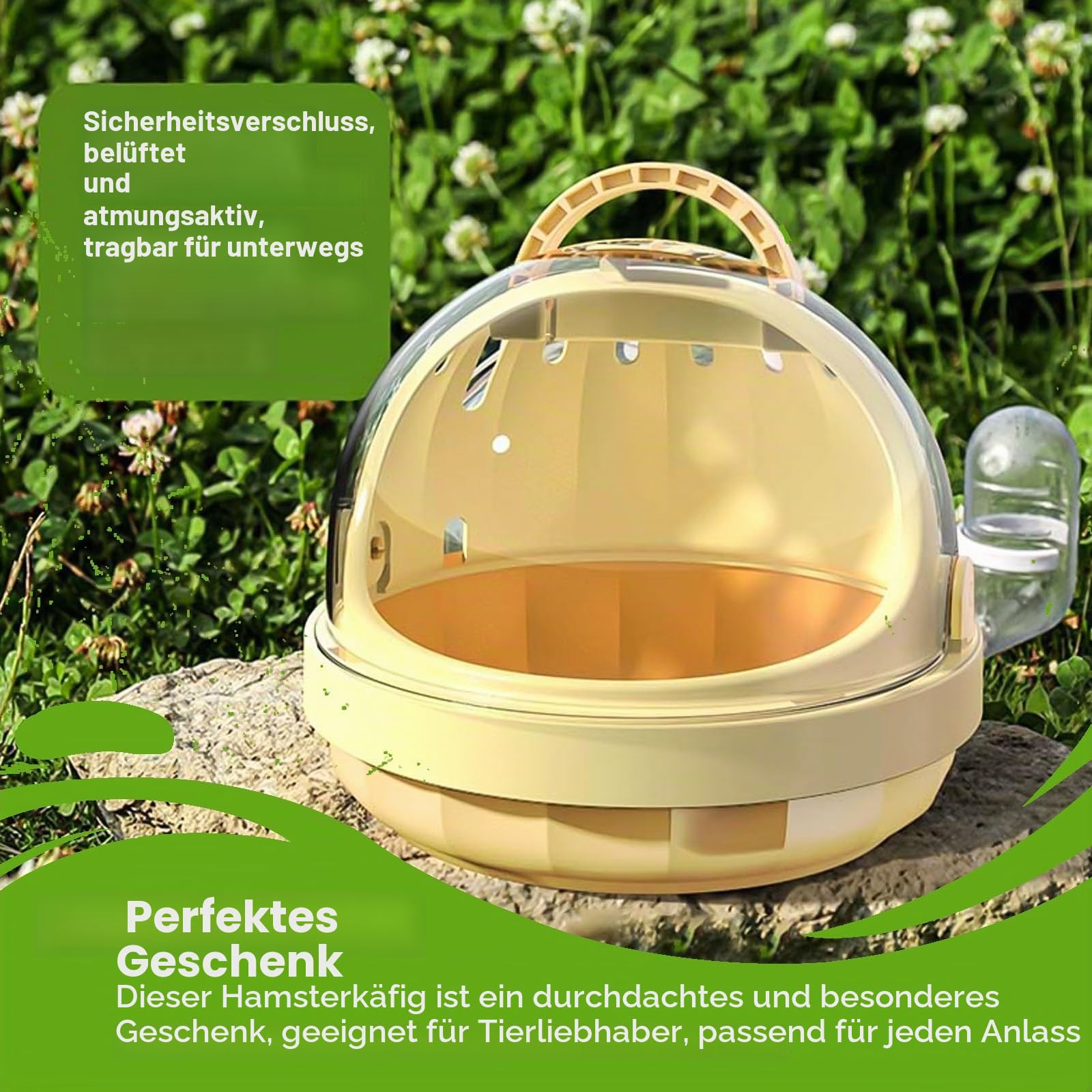 Tragbarer Hamsterkäfig mit Wasserflasche, Meerschweinchen-Tragetasche, Tragetasche für kleine Haustiere, Hamster-Reisetasche, Griff, Handheld-Käfig aus Kunststoff (grün)
