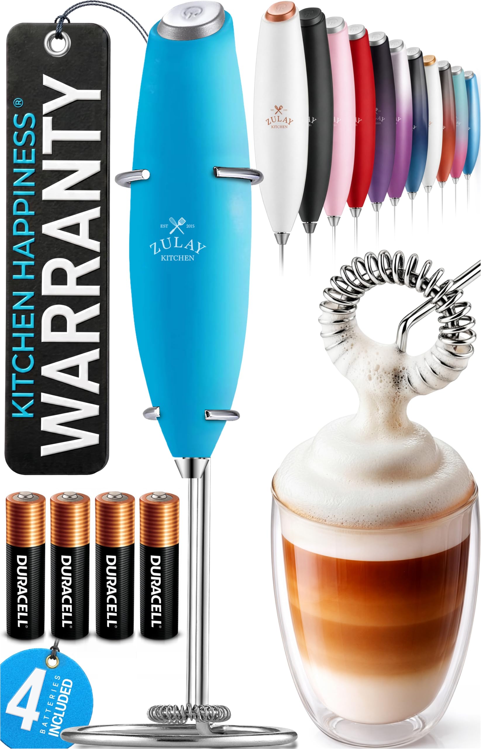 Zulay Kitchen Powerful Milk Frother Wand With Duracell Batteries - Ultra Fast Handheld Drink Mixer - Electric Whisk Foam Maker for Coffee, Lattes, Cappuccino &amp; Matcha - Z1 Motor - Blue Teal