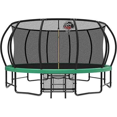 Lyromix 12 14 15 16FT Outdoor Trampolines for Kids and Adults, Pumpkin Trampolin with Curved Poles, Recreational Trampolin with Basketball Hoop and Safety Enclosure Net for Kids and Adults