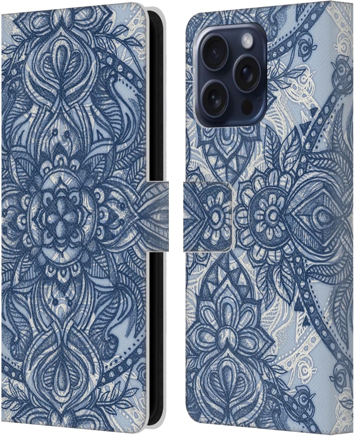 Head Case Designs Officially Licensed Micklyn Le Feuvre Denim Blue Lace Pencil Doodle Mandala 3 Leather Wallet Case Compatible with Apple iPhone 16 Pro Max