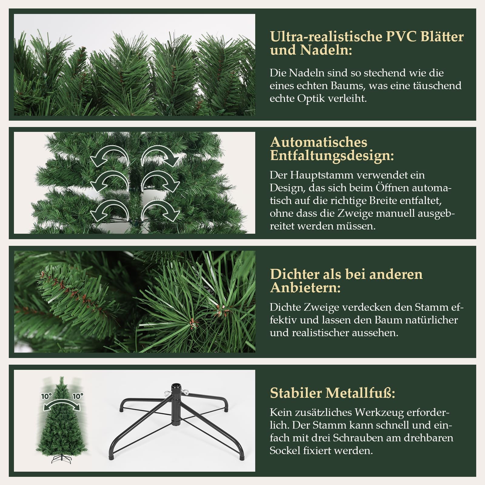 SALCAR 180 cm Künstlicher Weihnachtsbaum, Nordmanntanne, PVC Tannenbaum mit 580 grünen Spitzen, Klapp-Schirmsystem, Ø 98 cm