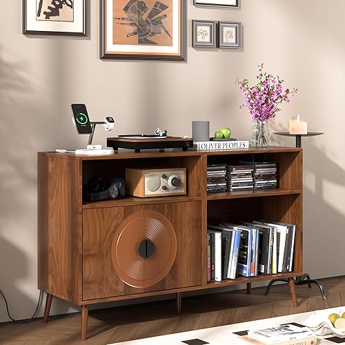 Miniatura 4 de Soporte grande para tocadiscos, soporte giratorio de mediados de siglo con puerta, mesa para tocadiscos con capacidad para hasta 350 álbumes,