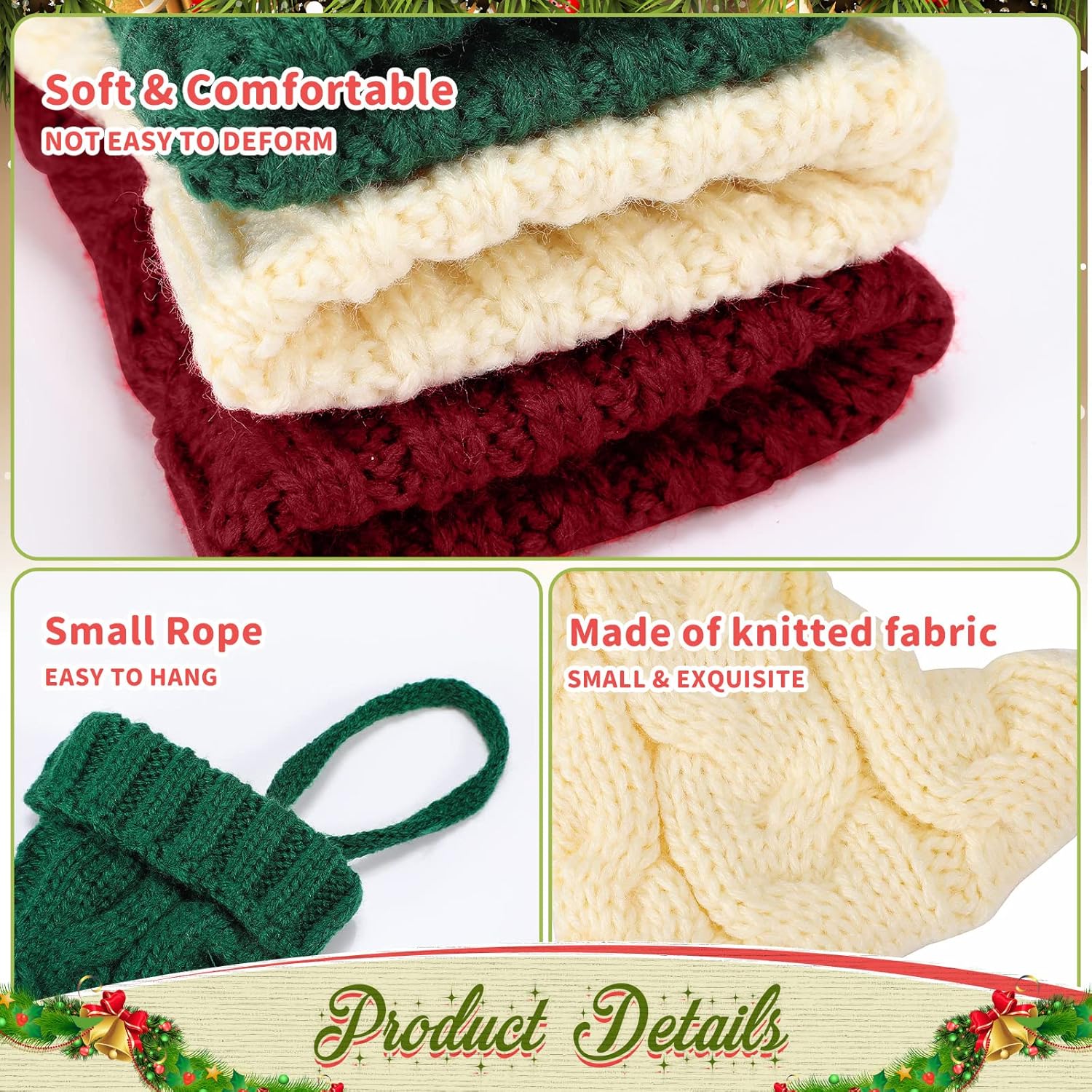 Jerify 24 Pcs Mini Christmas Stockings 3.94 Inch Knitted Stocking Small Xmas Christmas Hanging Stocking Little Rustic Christmas Tree Ornaments for Home Party Holiday Decor (Wine Red, Beige, Green)