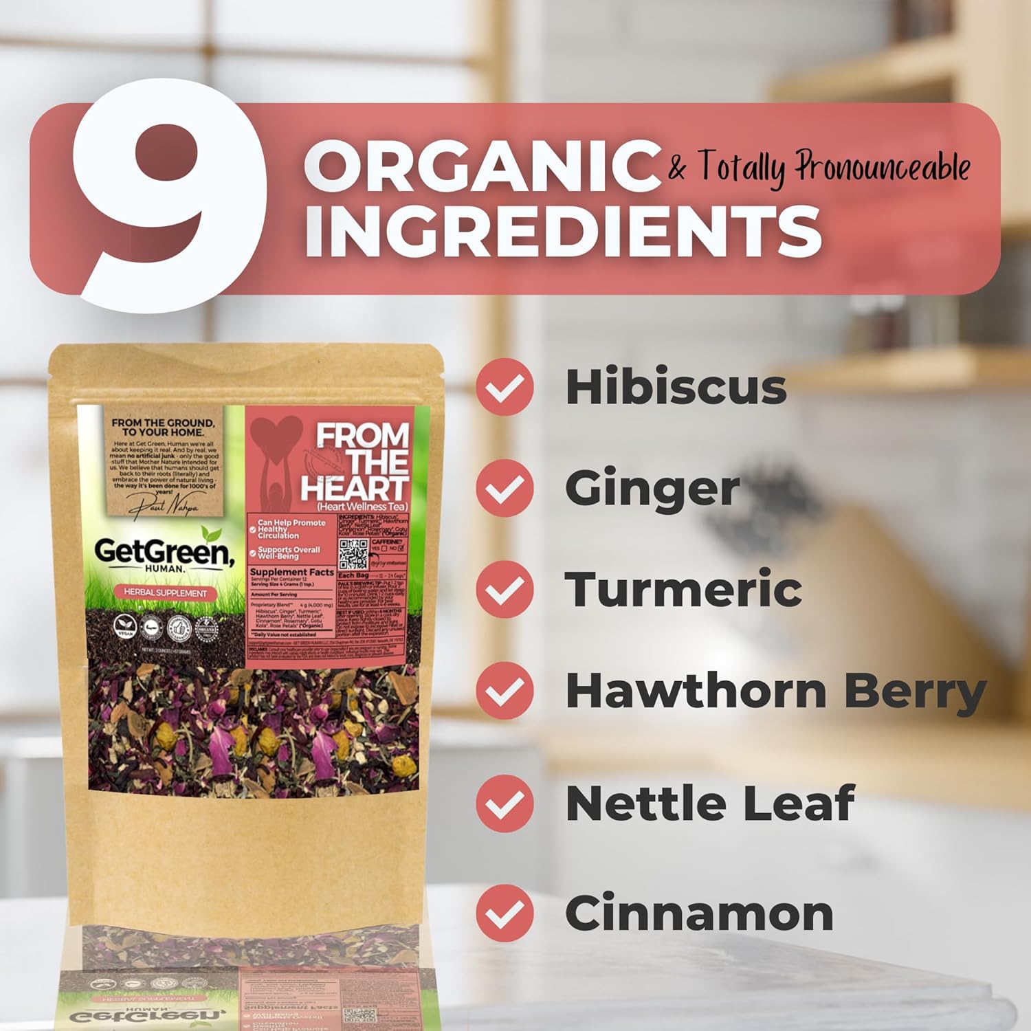 Healthy Heart Loose Leaf Tea w/ Hibiscus, Ginger, Turmeric | Organic Herbal Tea | 2 oz (57 gram) | Decaf, Vegan, Healthy, ZERO Caffeine, Organic, Herbs, No Natural or Artificial Flavors, Resealable Bag | From The Heart by Get Green, Human