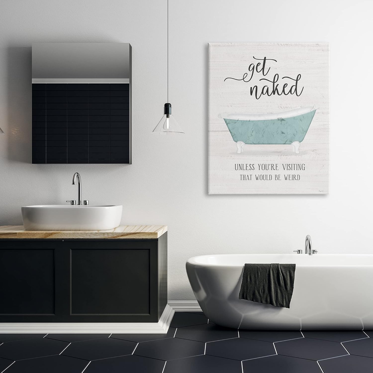 Stupell Industries Funny Get Naked Phrase Vintage Blue Tub Bathroom