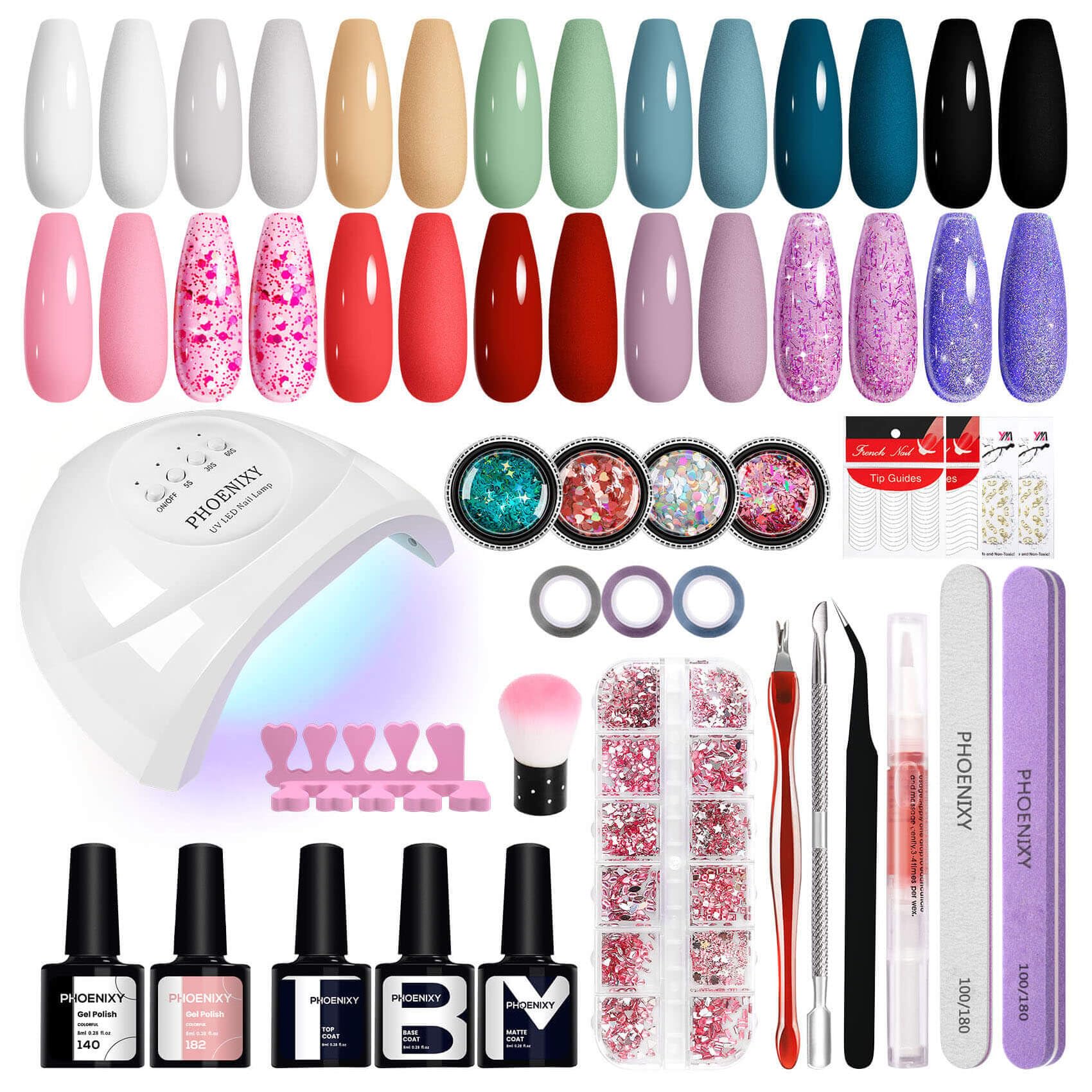 PHOENIXY Kit Uñas Semipermanentes con 48W U V/LED Lámpara 14 Colores Uñas Semipermanentes Kit Completo con Base Top Coat Decoración de Uñas Ideal para Principiantes y Regalos