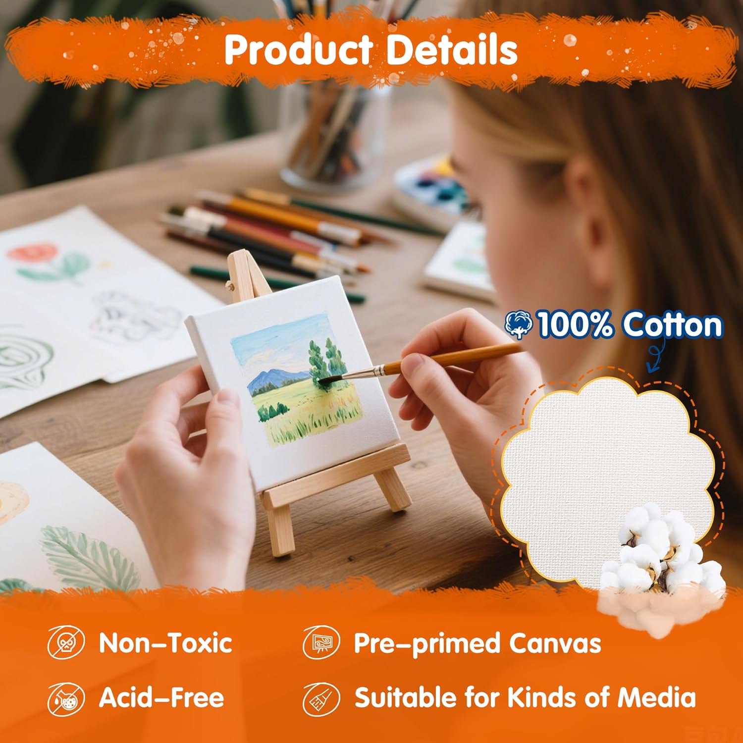 FIXSMITH Mini Stretched Canvas for Painting - 24 Pack 4 x 4 Inch, 2/5” Profile Small Square Canvases, 100% Cotton Blank Canvas, Home Decor Project, Art Supplies for Acrylic Oil Painting - Image 4