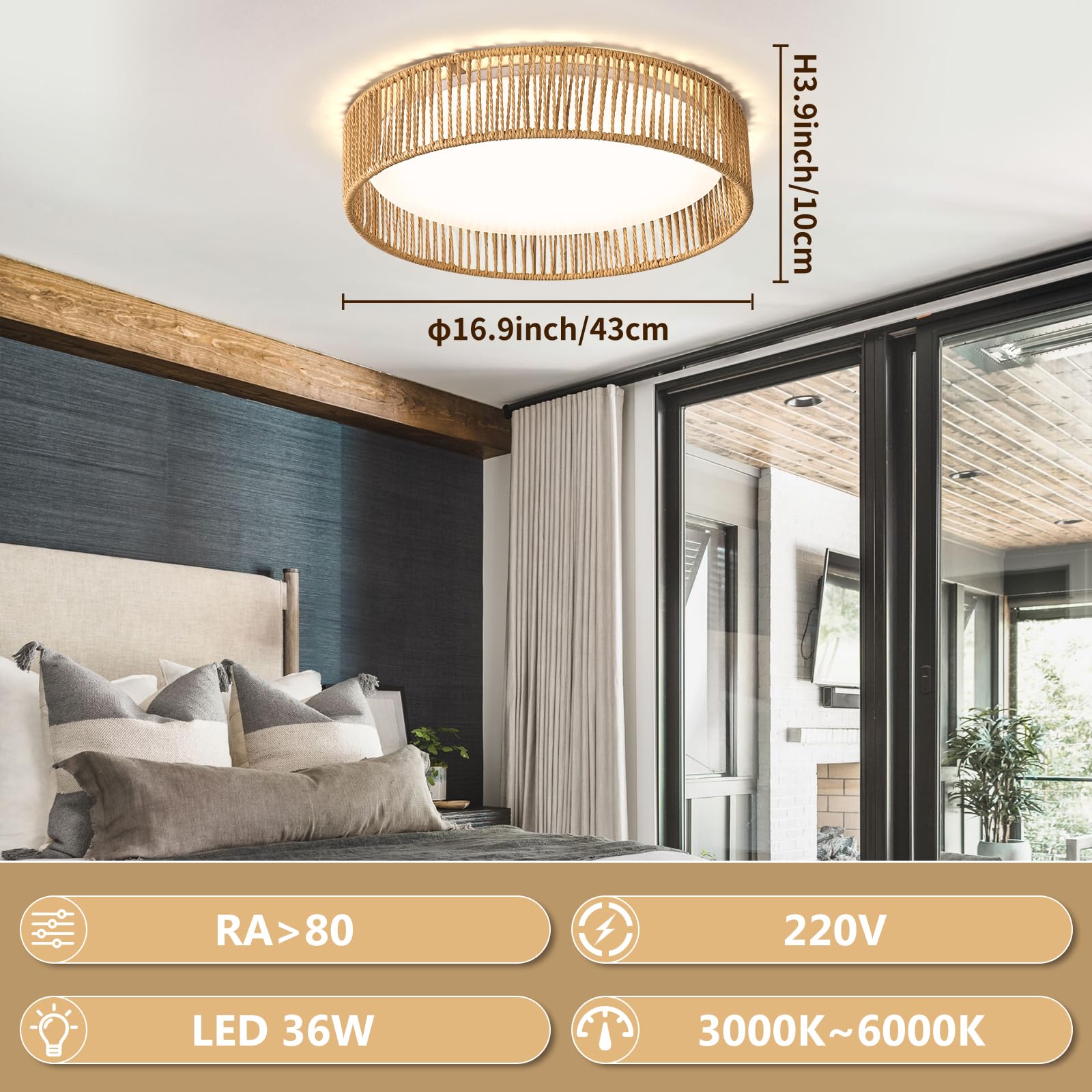 LED Deckenleuchte Rattan wohnzimmerlampe Dimmbar 36W, 43cm Deckenlampe rattan, Für Schlafzimmer Wohnzimmer Flur Esszimmer