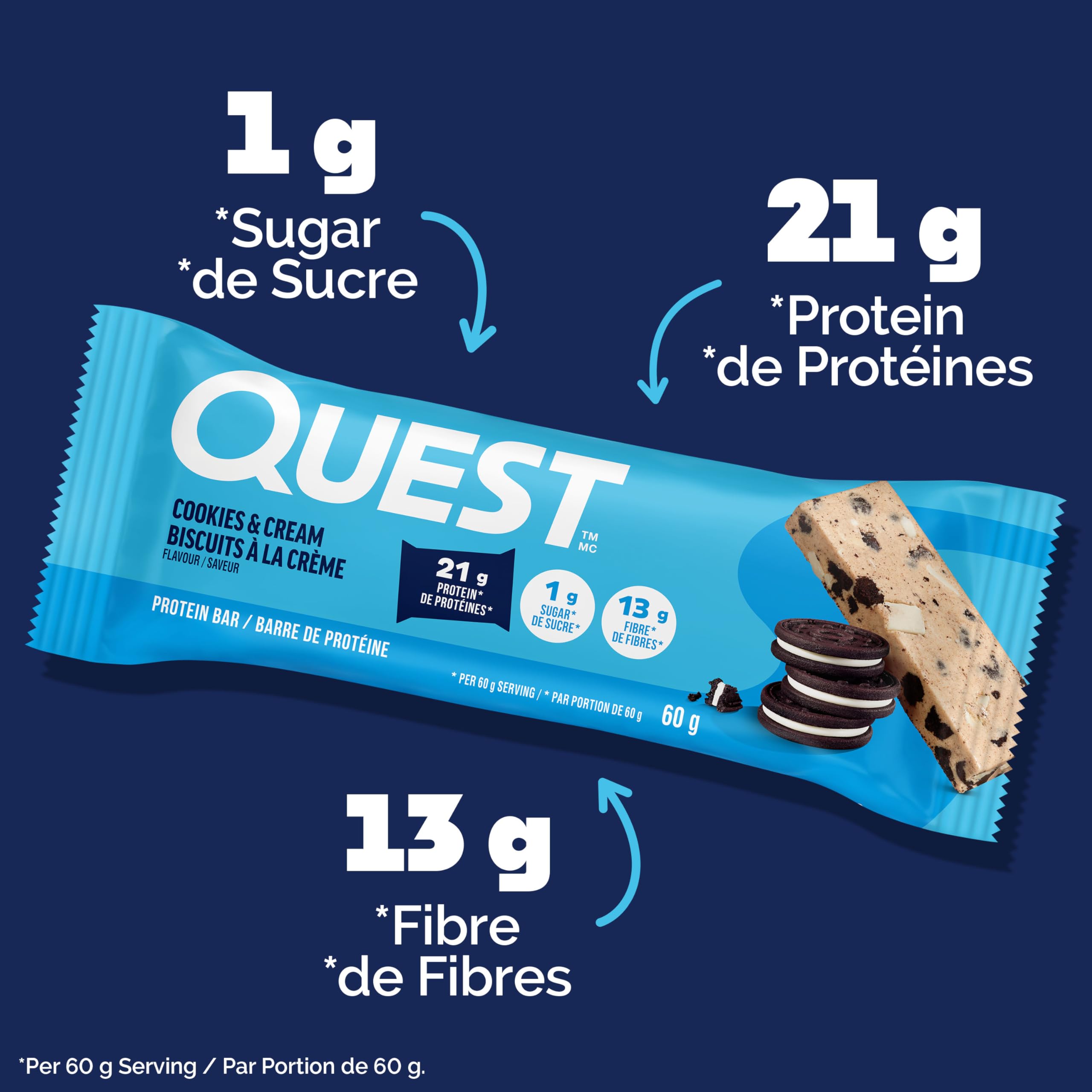 Quest Nutrition Cookies & Cream Flavour Protein Bar, High Protein, High Fibre, Low Sugar, Keto Friendly, 21g Protein, 1g Sugar, 4ct - 4