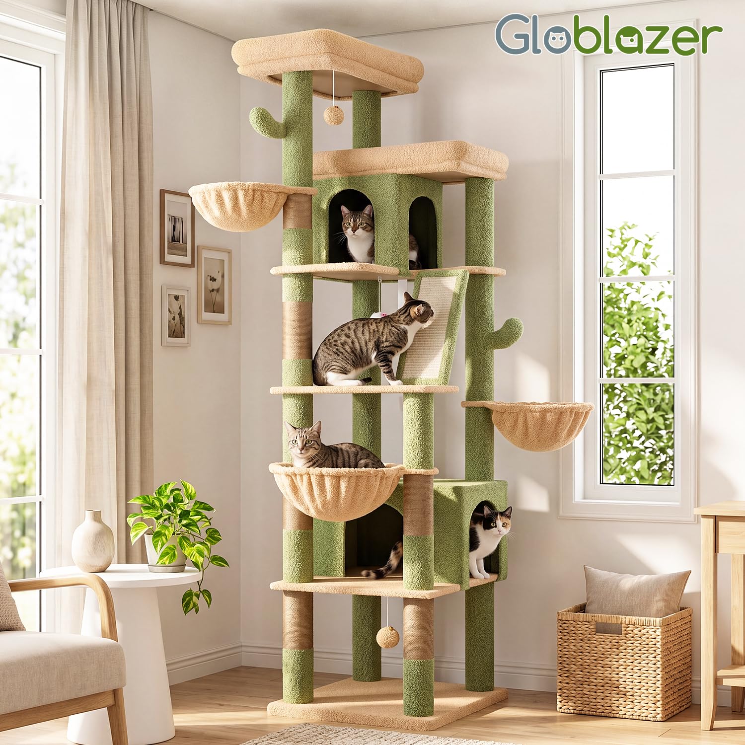 Globlazer Kratzbaum Kaktus Grün Große XXL 204 cm mit 2 Extragroße Gepolsterte Plattform 50*30CM, 2 Große Katzenhäuse, 3 Korb, Sisal Kratzbrett, Stabil Katzenbaum für 3-5 Groß Katzen Innen (S80G, Grün)