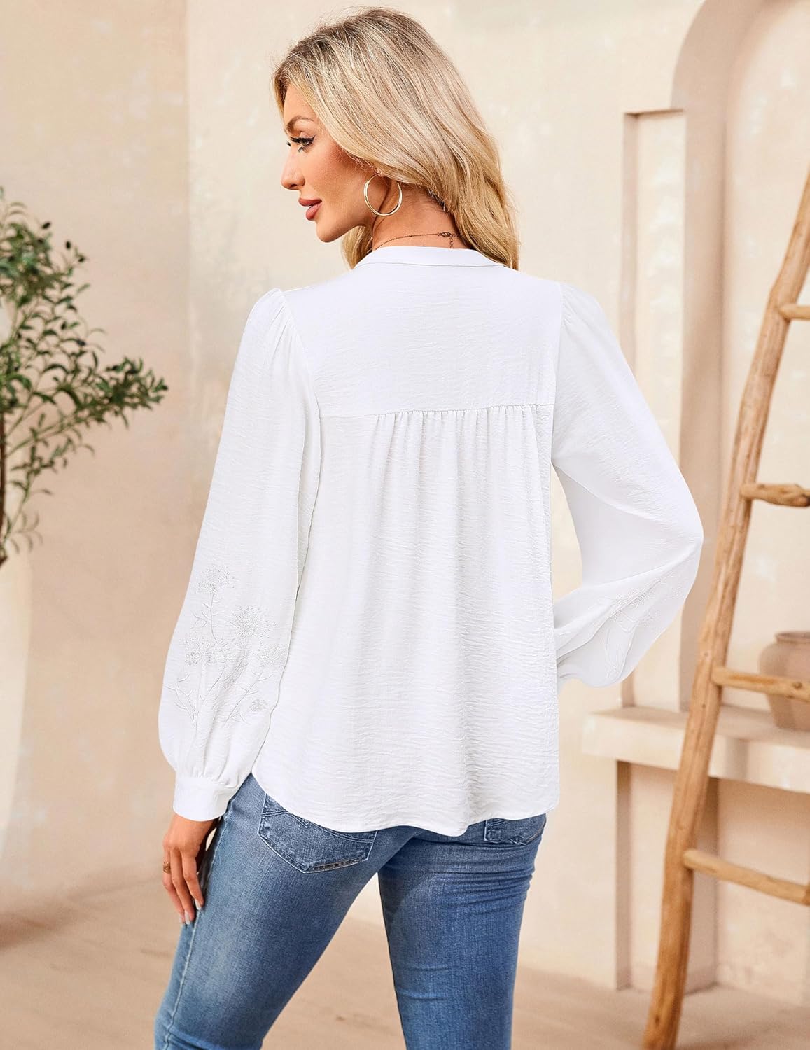 Blouses for Women Dressy Casual Embroidered Boho Tops Trendy Puff Long Sleeve Peplum Babydoll Shirts - Image 3