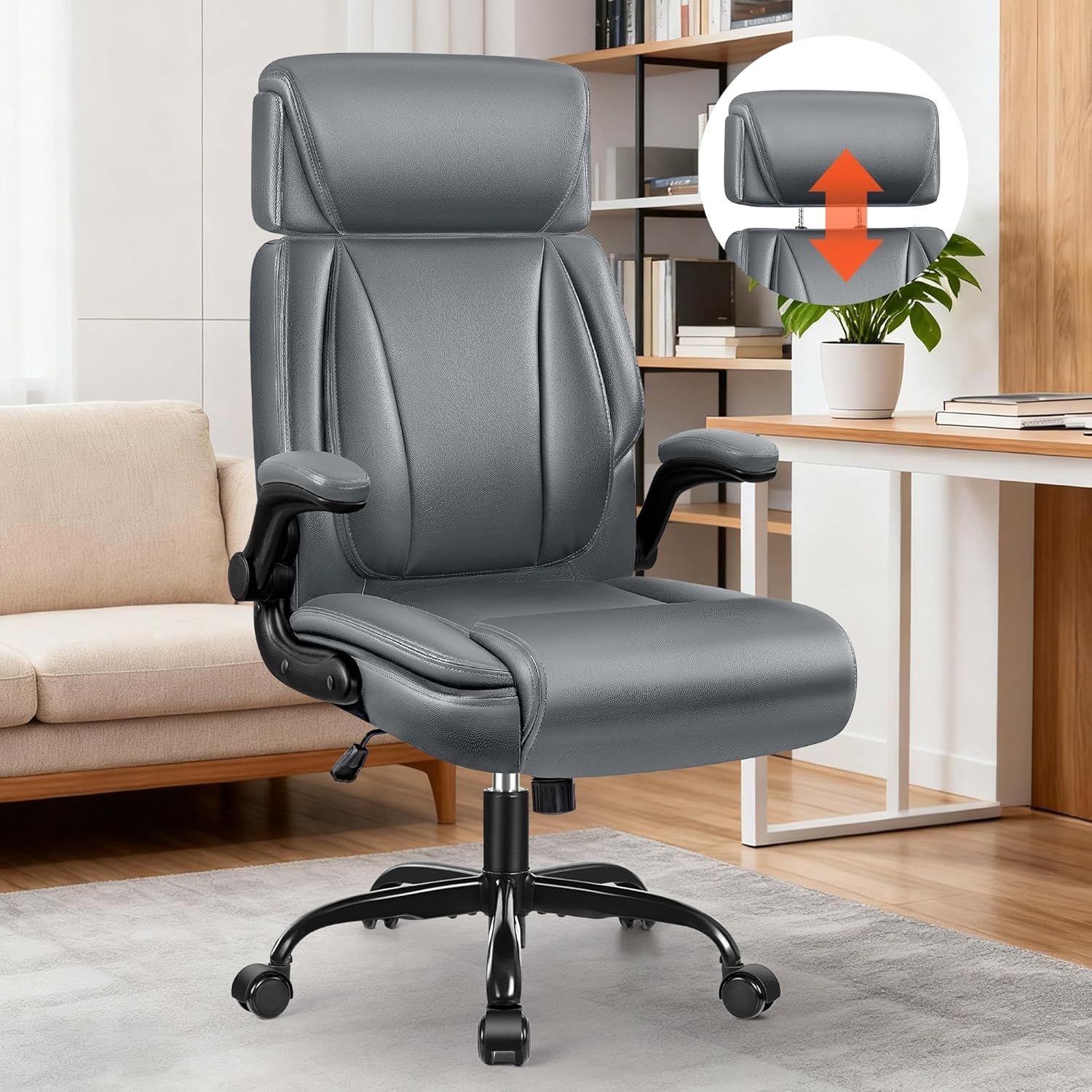 Executive Office Chair with Adjustable Headrest, Ergonomic Desk Chair with Lumbar Support, Big and Tall Computer Leather Chair with Flip-Up Armrests for Home Office Gaming - Grey