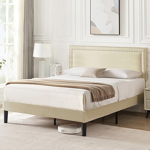 Miniatura 249 de VECELO Base de cama de tamaño matrimonial con cabecera tapizada ajustable, plataforma de listones de madera, diseño sin ruido, fácil montaje Negro