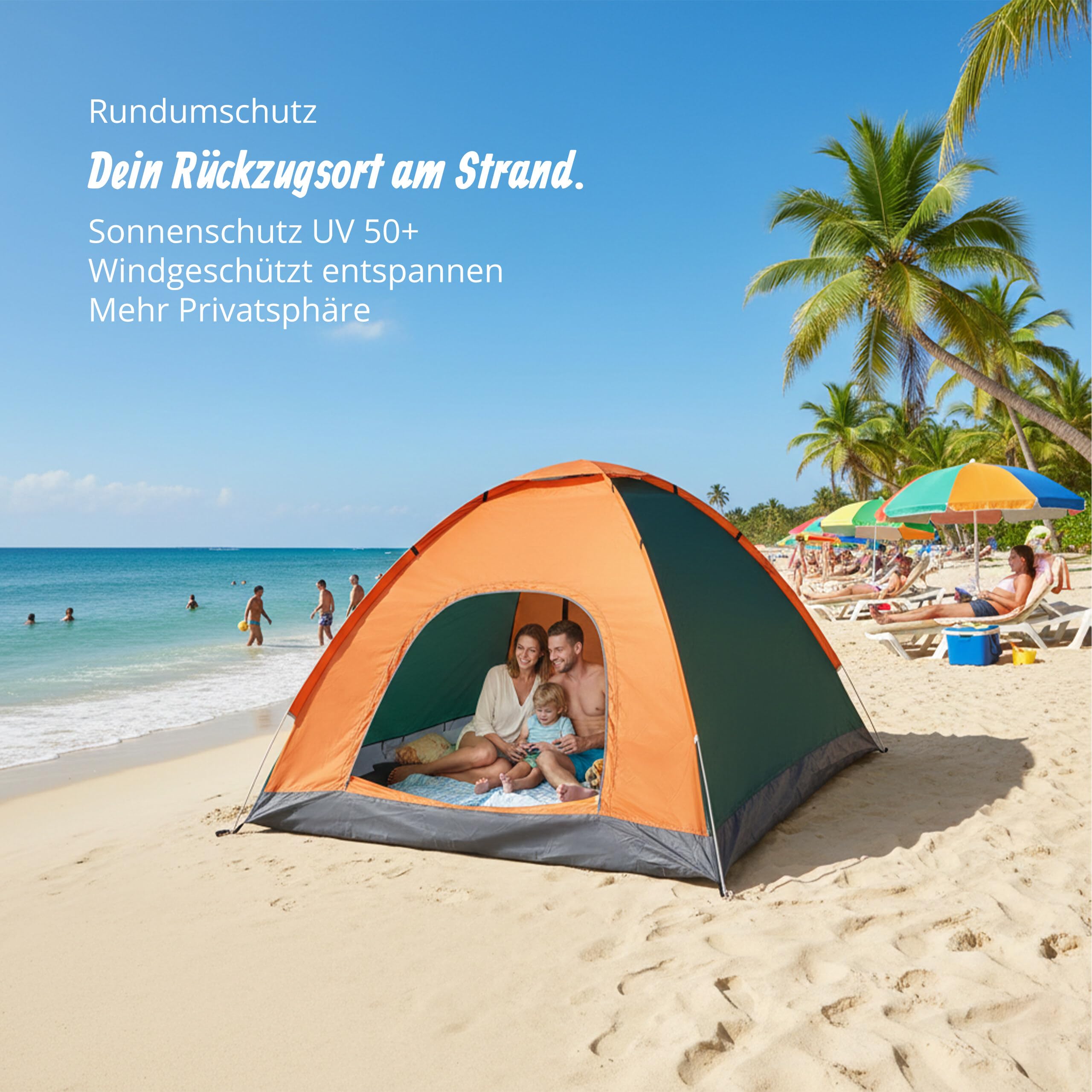 Relaxdays Pop Up Zelt Strand, Wurfzelt, 2-3 Personen, kleines Packmaß, UV Schutz 50+, HBT 135 x 200 x 200cm, orange/grün