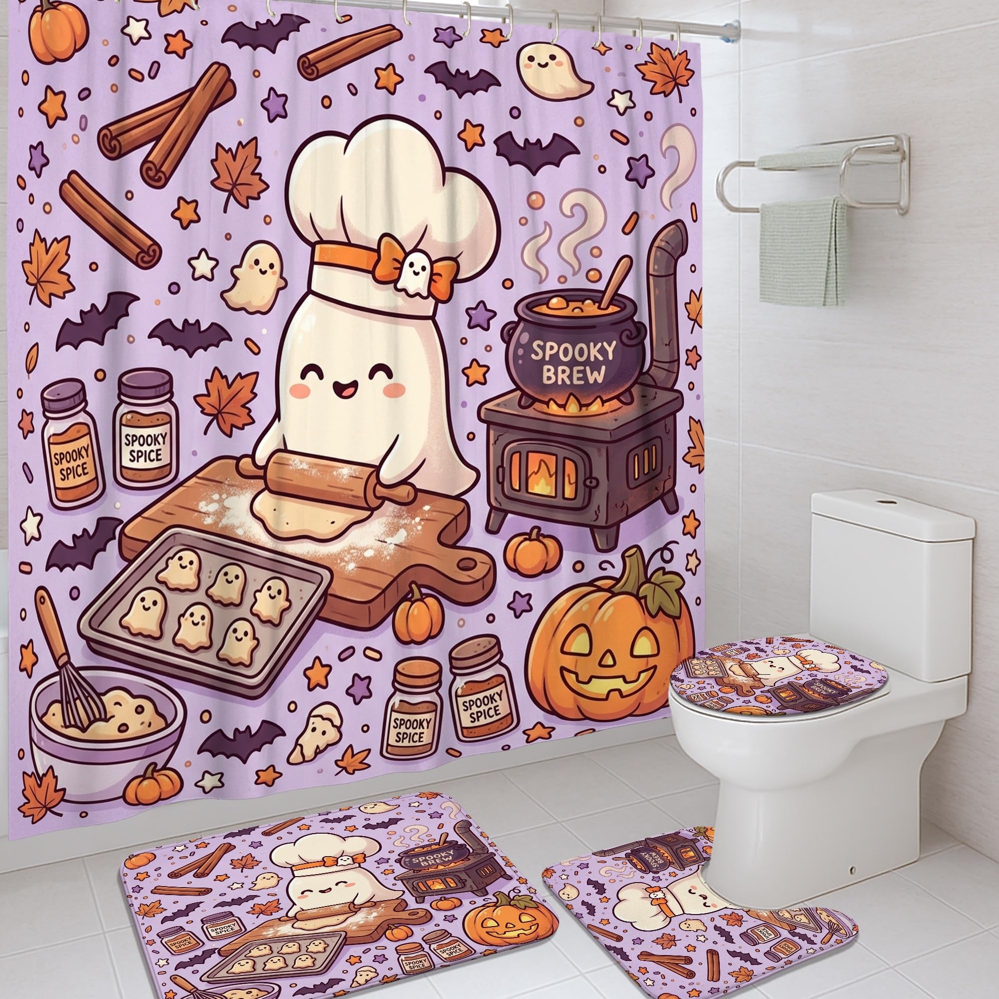 Rideau de douche Halloween fantôme et citrouille pour baignoire de maison