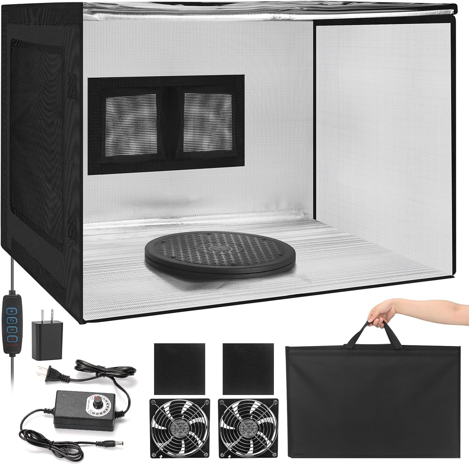 Portable Airbrush Spray Booth with Dual-Fan Ventilation & 3-Color Shadowless LED Light, Large Foldable Hobby Paint Booth Kit with Turntable & Exhaust Hose for Miniature Painting and Models, Crafts