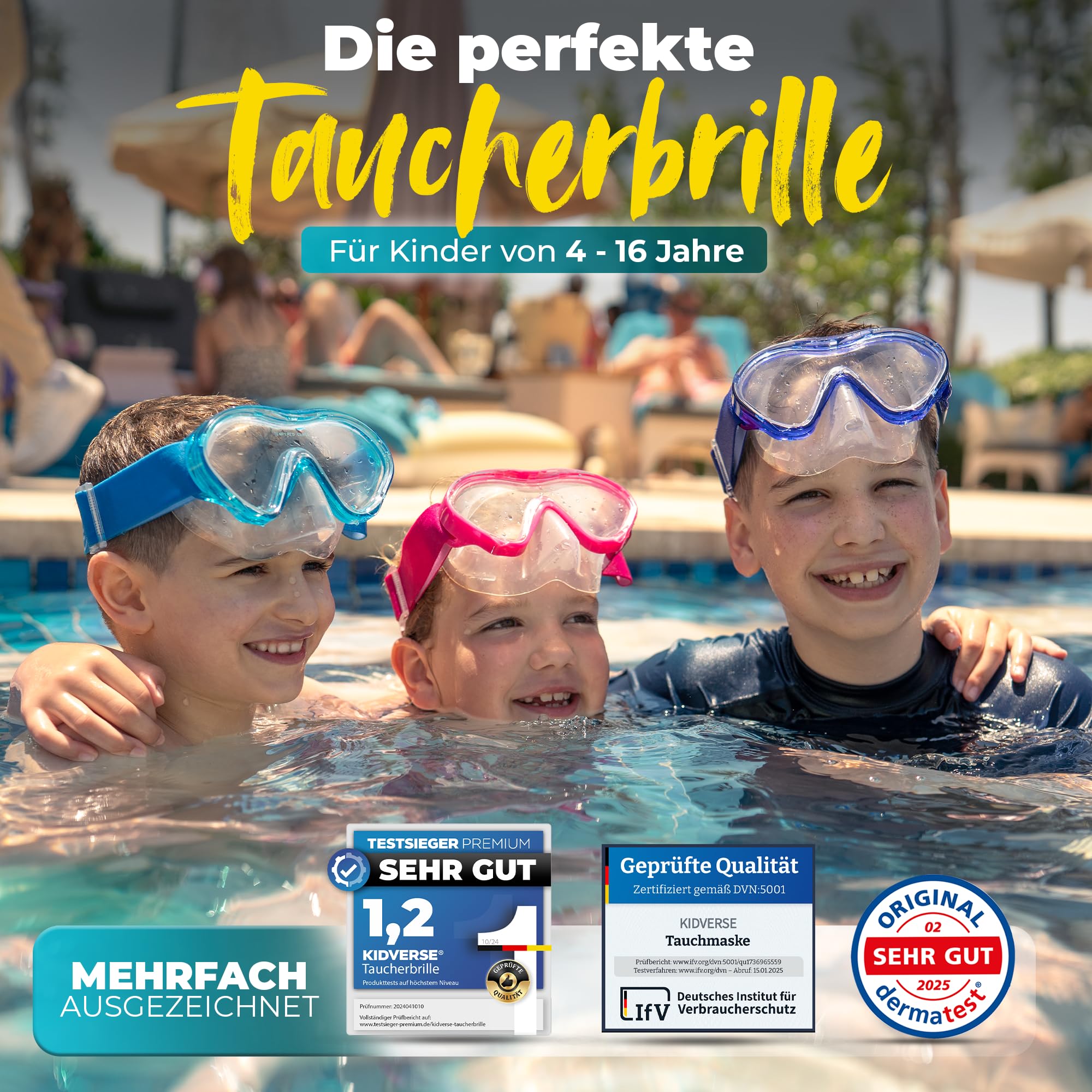 KIDVERSE Taucherbrille Kinder mit Nase - CE & Dermatest geprüfte Kinder Taucherbrille mit Stoffband oder Silikonband - Tauchmaske ab 5 Jahre für Mädchen & Jungen - Bequeme Kindertaucherbrille
