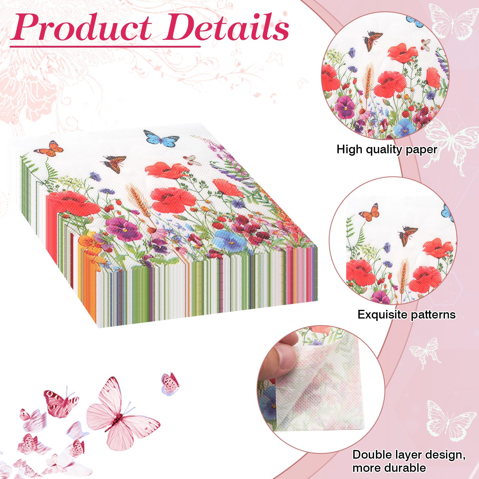 60 Pcs Serviettes à Papillon,Violet Serviettes Cocktail Papier Vaisselle Jetable Butterfly Été Printemps Serviette De Table Pour Mariage Anniversaire Apéritif Noël Baptême Dessert Décoration,33*33cm