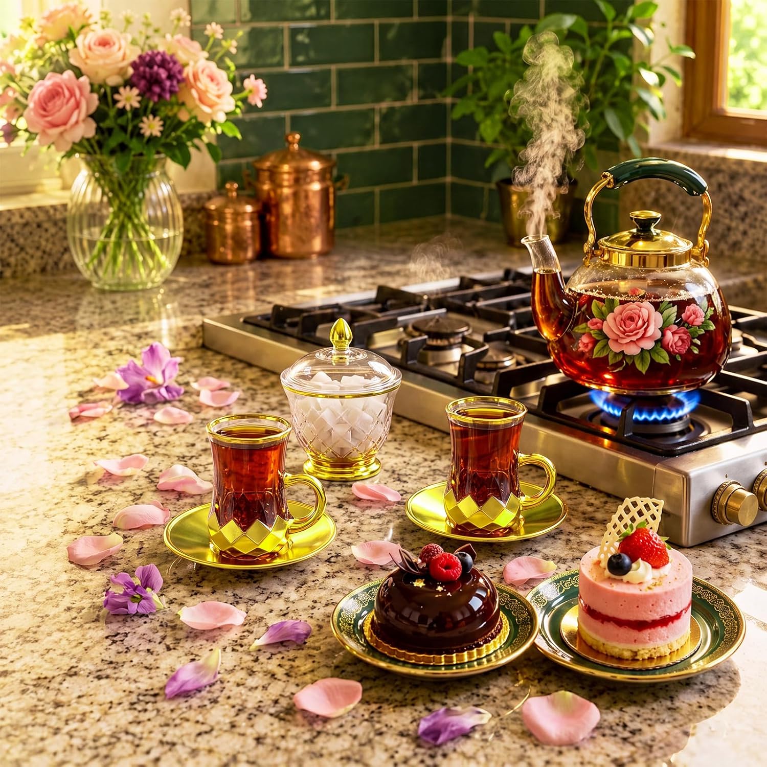13 Pcs Turkish Tea Cups Set with Saucer and Sugar Jar, 3.7 oz Elegant Glasses with Gold Rim, Metal Saucers, Sugar Pot for Tea Coffee Party Home Office Gift