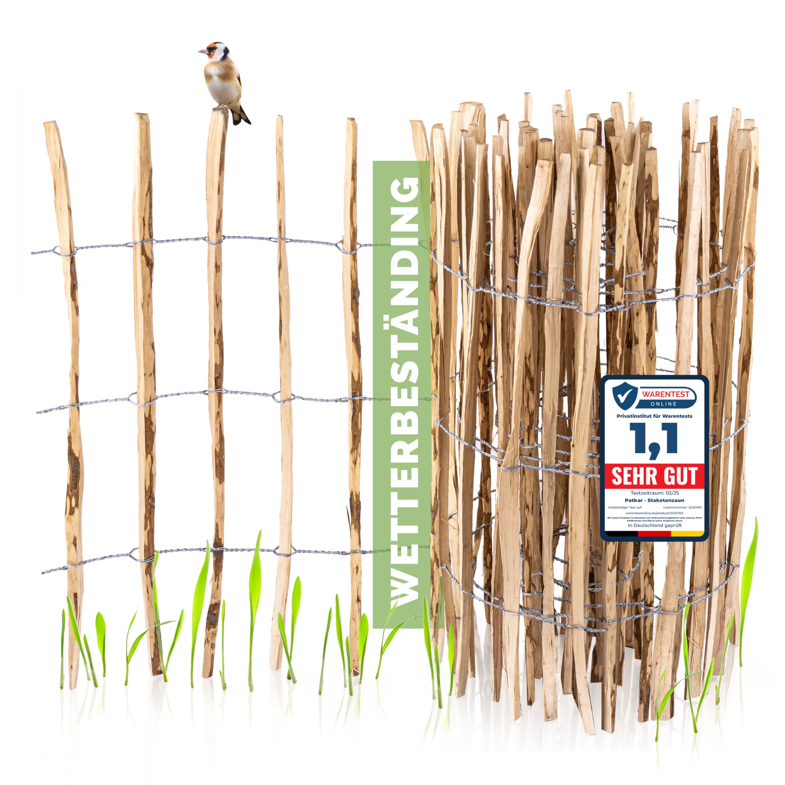 PATKAR® Staketenzaun 10mx90cm [WETTERBESTÄNDIG & STABIL] - Holzzaun Gartenzaun Holz Abgrenzung - Staketenzaun 90 cm hoch (Made in Europe) - Gartenzaun zum Stecken - einfach montierter Zaun Holz