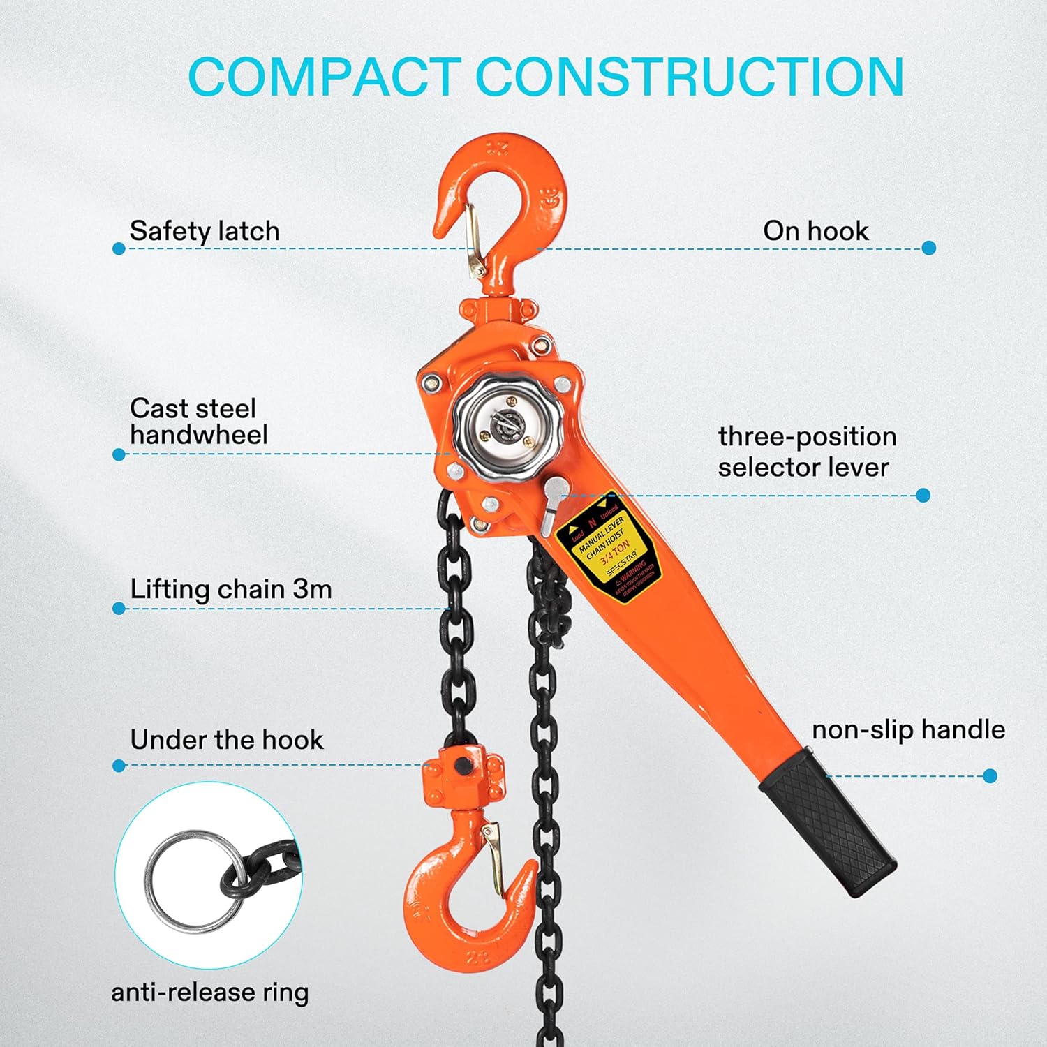 SPECSTAR Lever Chain Hoist 3/4 Ton 1650 Lbs Capacity 10 Feet with 2 Heavy Duty Hooks, Chain Come Along for Warehouse Building Automotive Machinery - Image 6