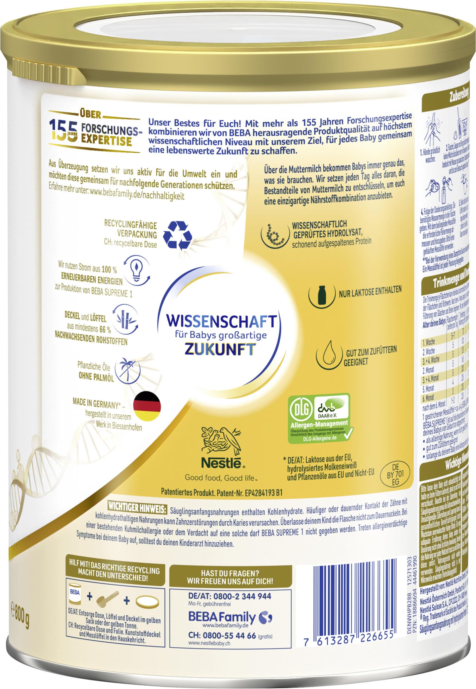 BEBA SUPREME 1 Anfangsmilch von Geburt an, Babynahrung , nur Laktose, ohne Palmöl, 6er Pack (6 x 800g)