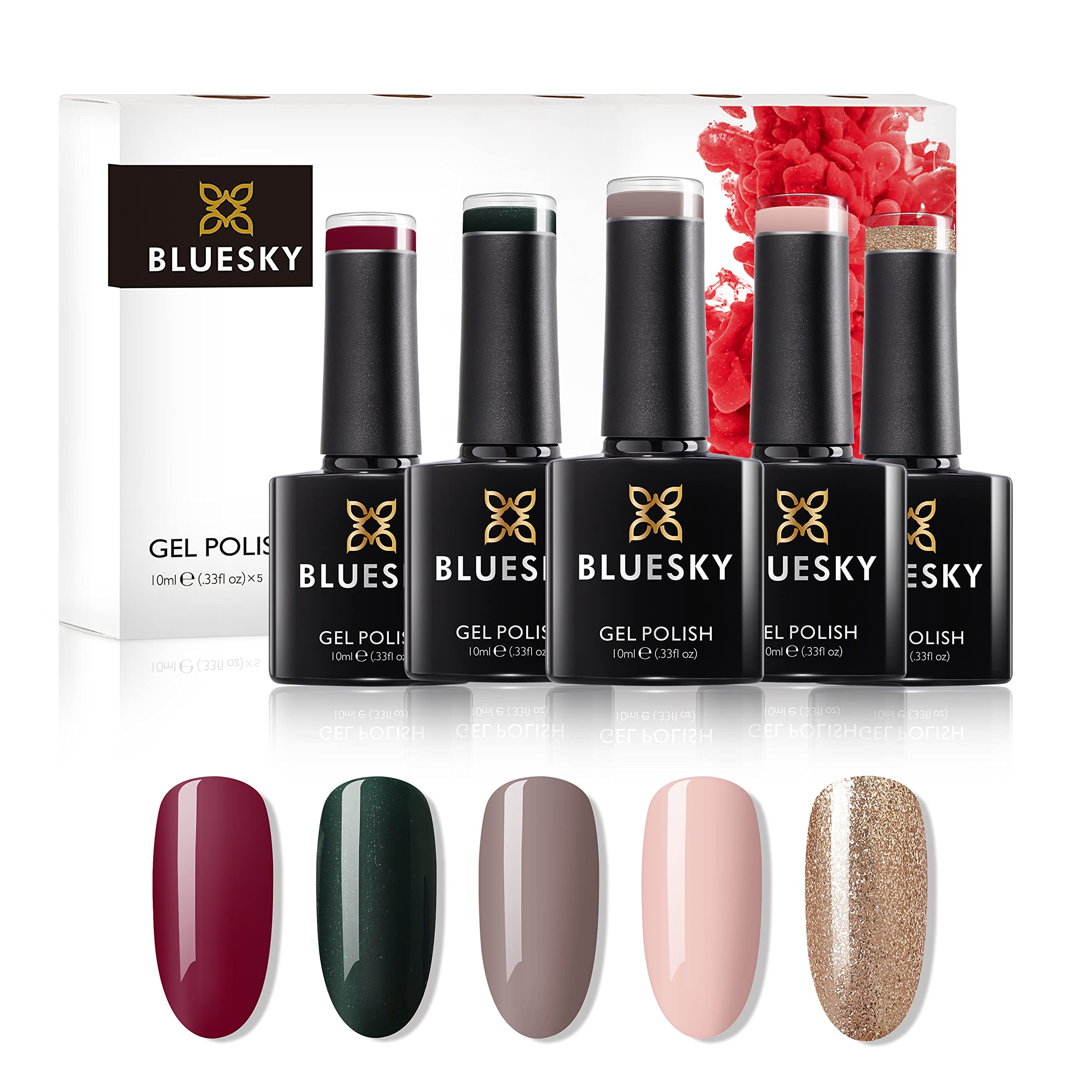BLUESKY Gelnagellack Set | 5/6 UV Lacke zum Preis von 4/5 | Gel-Nagellack für glänzende und schöne Nägel | langer Halt von bis zu 3 Wochen (BLUESKY Glamour 5er Set)
