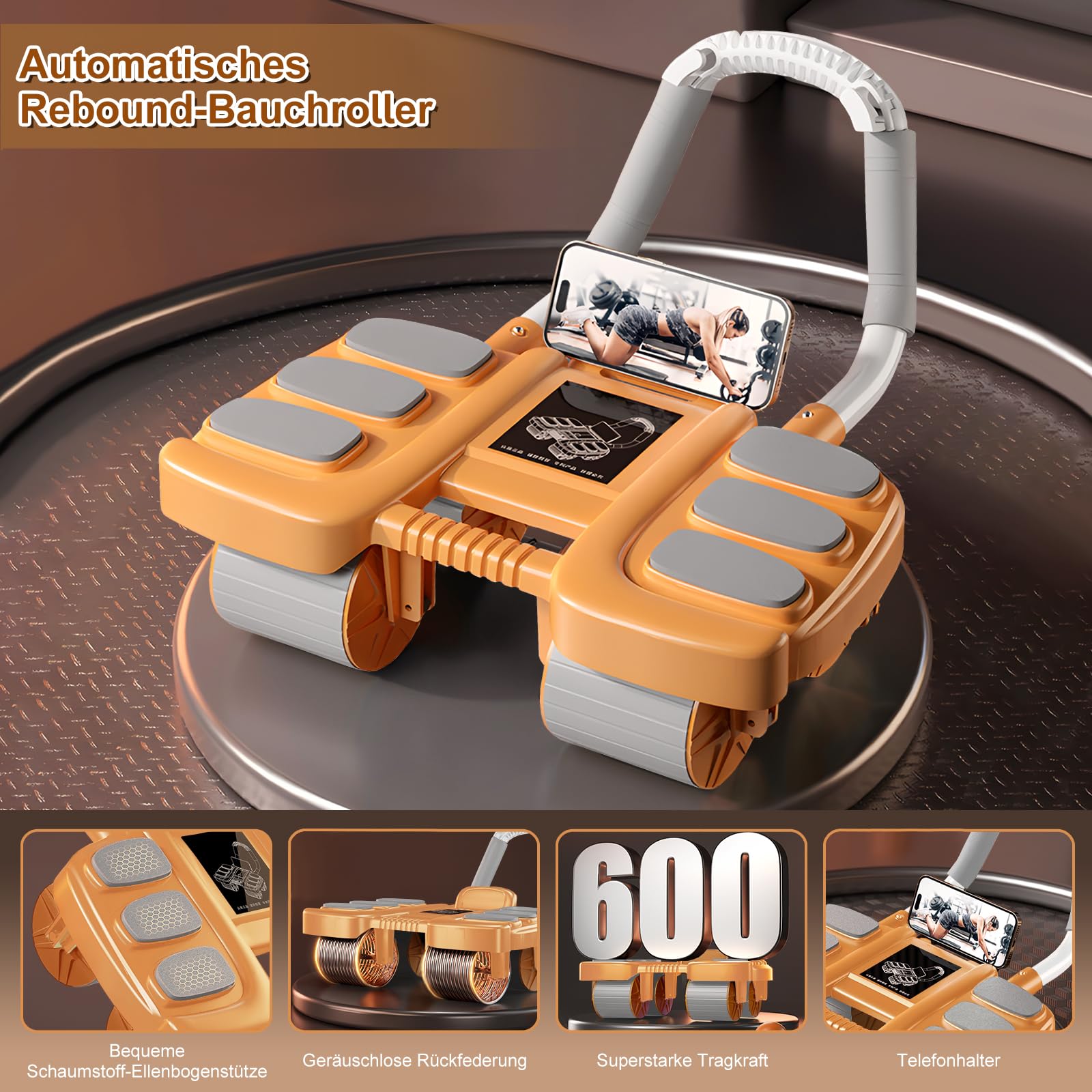 Ruota per addominali,ruota per allenamento addominali,con 6 Supporto per Gomito & Ginocchiere, Doppie Ruote a Rulli per Core Trainer,Kit per allenamento addominale per uomini e donne,Arancione