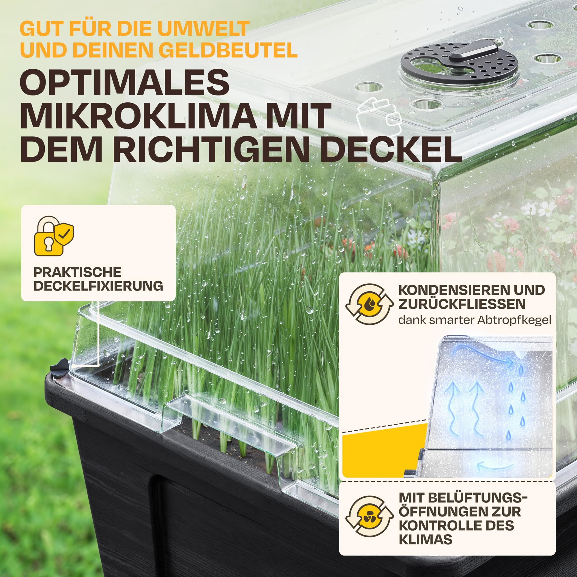 Ondis24 Garten Hochbeet Blumenkübel Victoria für Balkon, Pflanzkasten mit Gewächshaus, Volumen 50 L, Wasserspeicher, Tröpfchenbewässerung, abnehmbare Füße, Outdoor geeignet (2, Anthrazit)