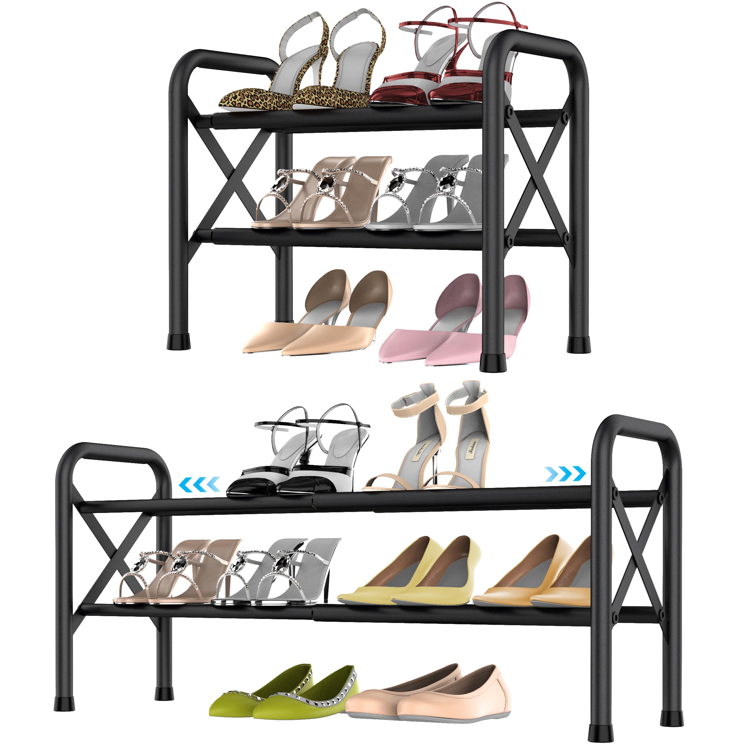 YEASHEIN 2-Tier Expandable Shoe Rack for Closet, Adjustable Shoe Organizer Metal Shoe Shelf for Entryway, Garage & Corridor, Free Standing Shoe Holders, Easy to Assemble