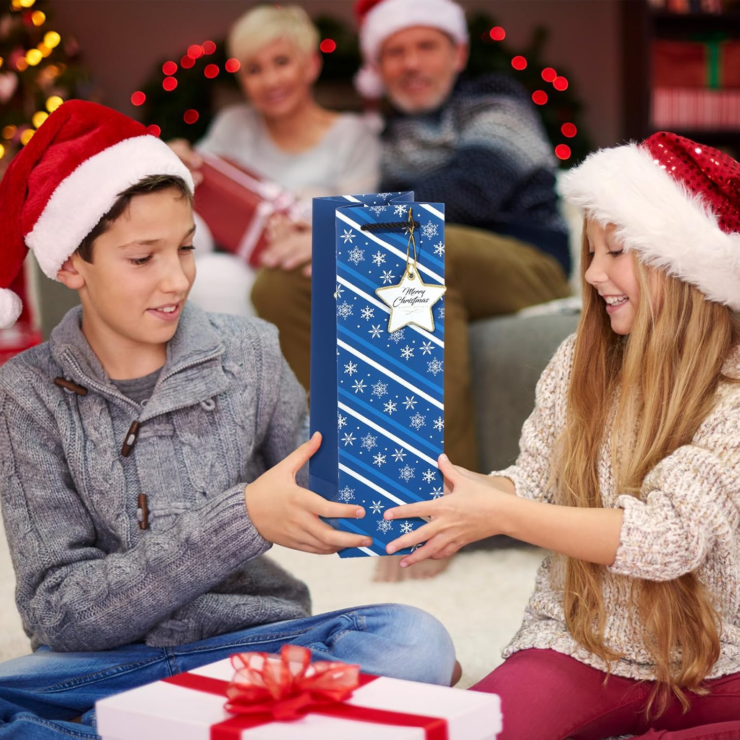 Liobelon 12 Pieces Christmas Wine Bags with Tags, Blue Snowman Christmas Tree Snowflake Wine Bag Paper Champagne Gift Bags for Xmas Holiday Home Party Favor Decoration - Image 8