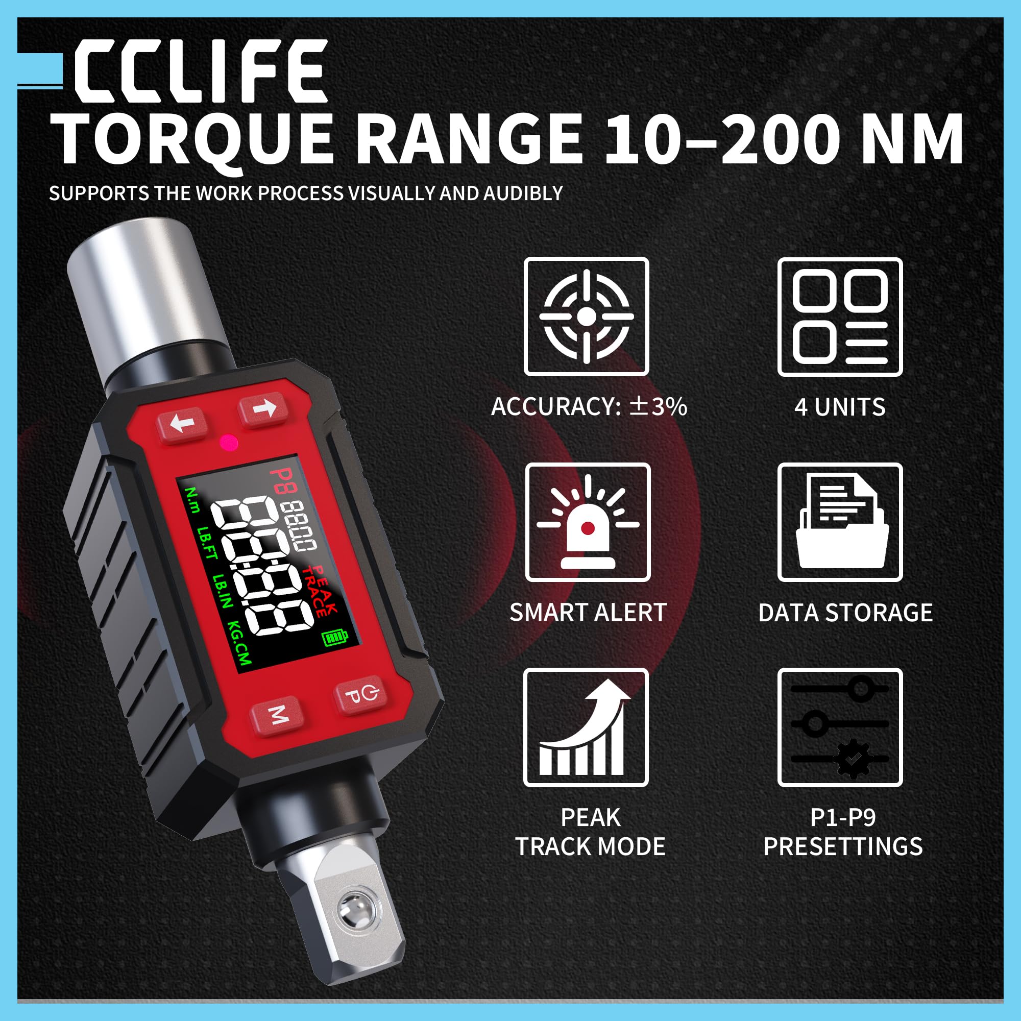 CCLIFE Digitaler Drehmomentadapter 1/2 Zoll 10N.m-200N.m LED Display