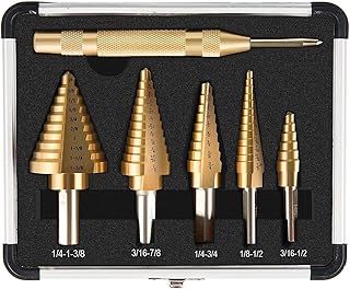 6pcs Step Drill Bit Set, 5 Titanium Coated Hss Step Bit & Automatic Center Punch Unibit, 50 Sizes Step Drill for Multiple Hole Drill with Aluminum Case for DIY Lovers and Home Use