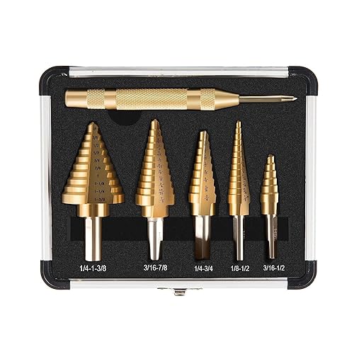 Juego de 6 brocas escalonadas, 5 brocas HSS con revestimiento de titanio y perforadora central automática, 50 tamaños para taladros de múltiples