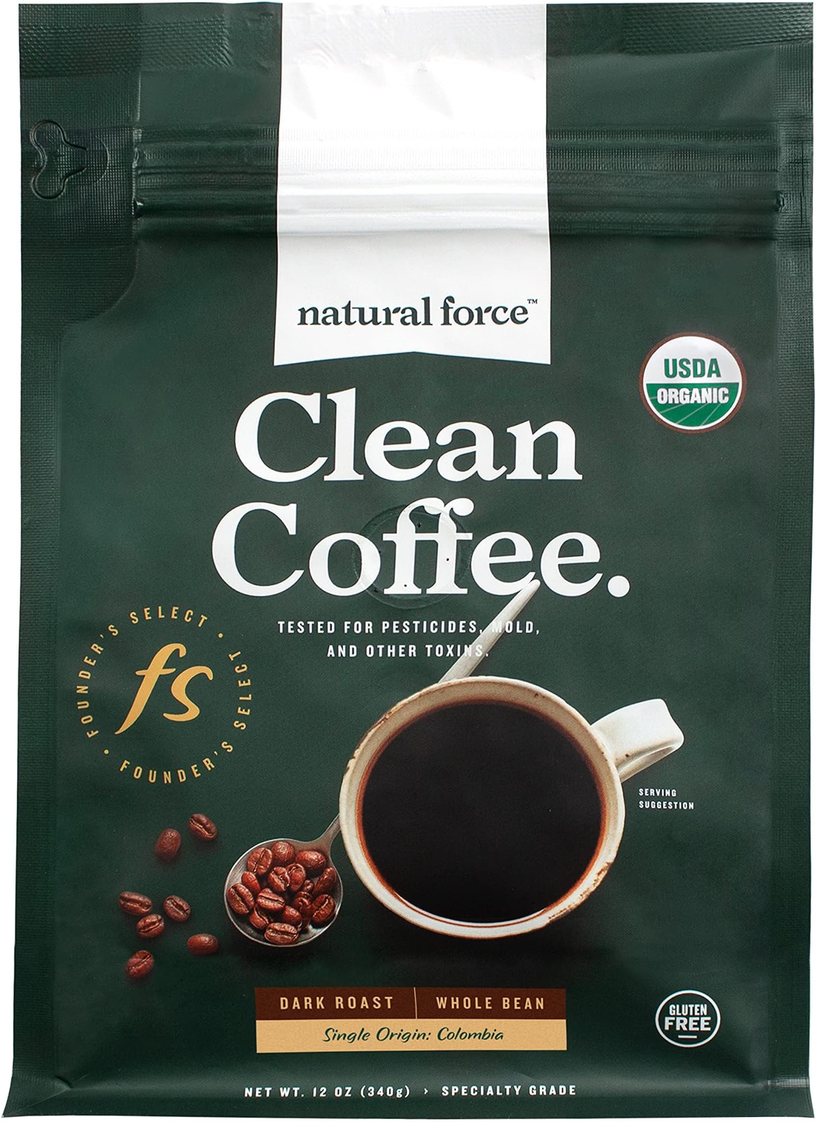 Natural Force Organic Mold Free Coffee, High CGA Coffee, Mycotoxin Free, Low Acidity, Incredible Taste & Aroma, Founder's Select Whole Bean Dark Roast, 12 oz