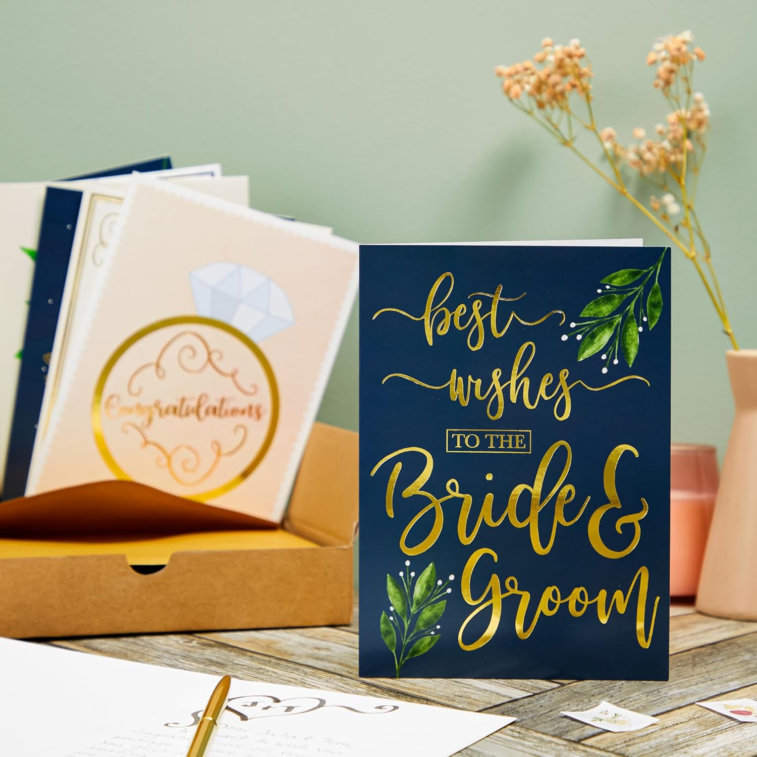 Juvale Wedding Cards Pack - Gold Foil Designs & Gilded Envelopes as Wedding Gifts for Newlyweds - Blank Engagement Card Interiors - 5 x 7 in, Pack of 24, Multicolor - Image 4