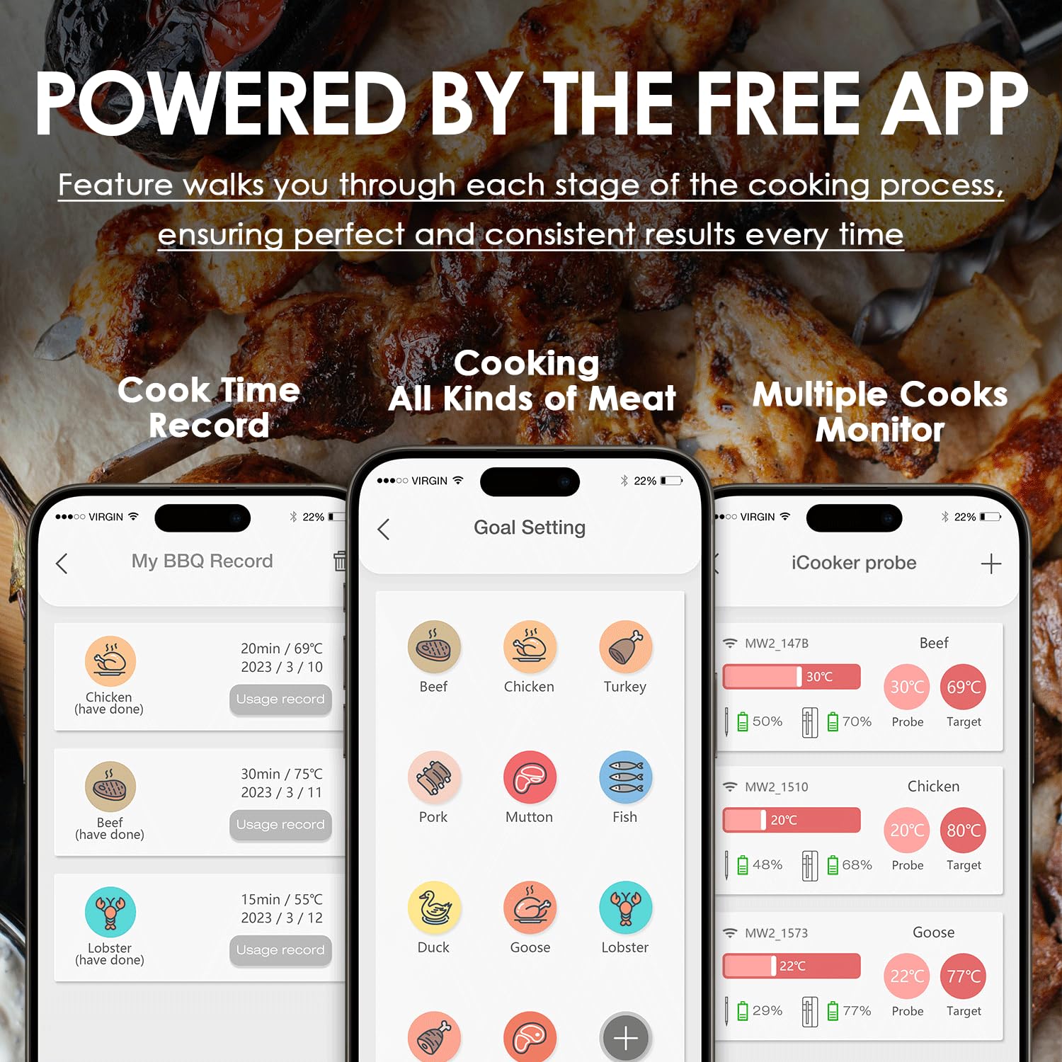 Termometro per carne Bluetooth da 250 m, ultra sottile da 5,5 mm, senza fili, con doppia sonda di monitoraggio della temperatura, per bistecche, maiale, tacchino, barbecue, forno, grill e affumicatore
