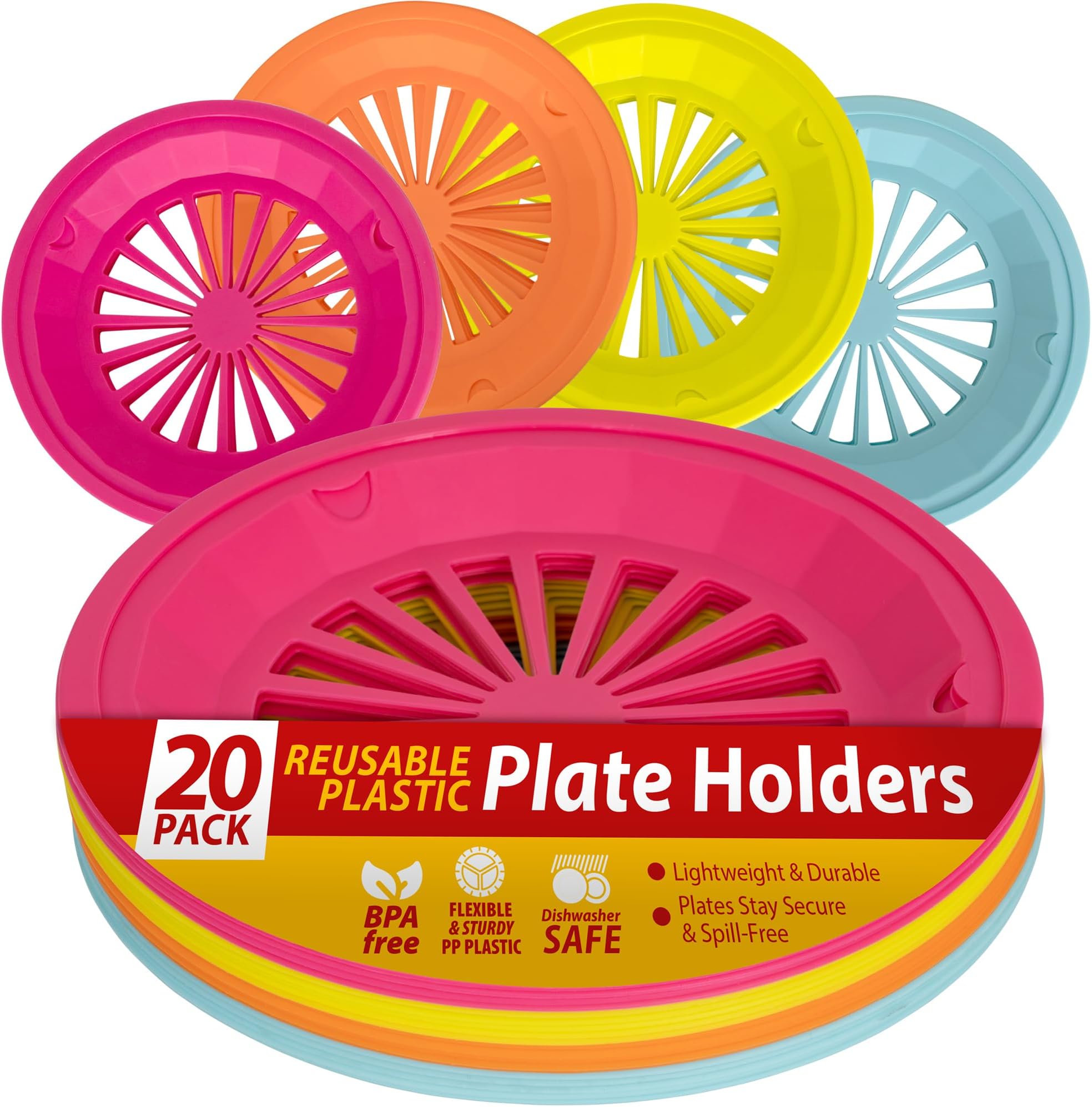 Besti Reusable Plastic Paper Plate Holders 10 Inch, 20 Piece Round Plastic Paper Plate Holder Set with Snap-In Grooves, Dishwasher Safe, 4 Assorted Colors